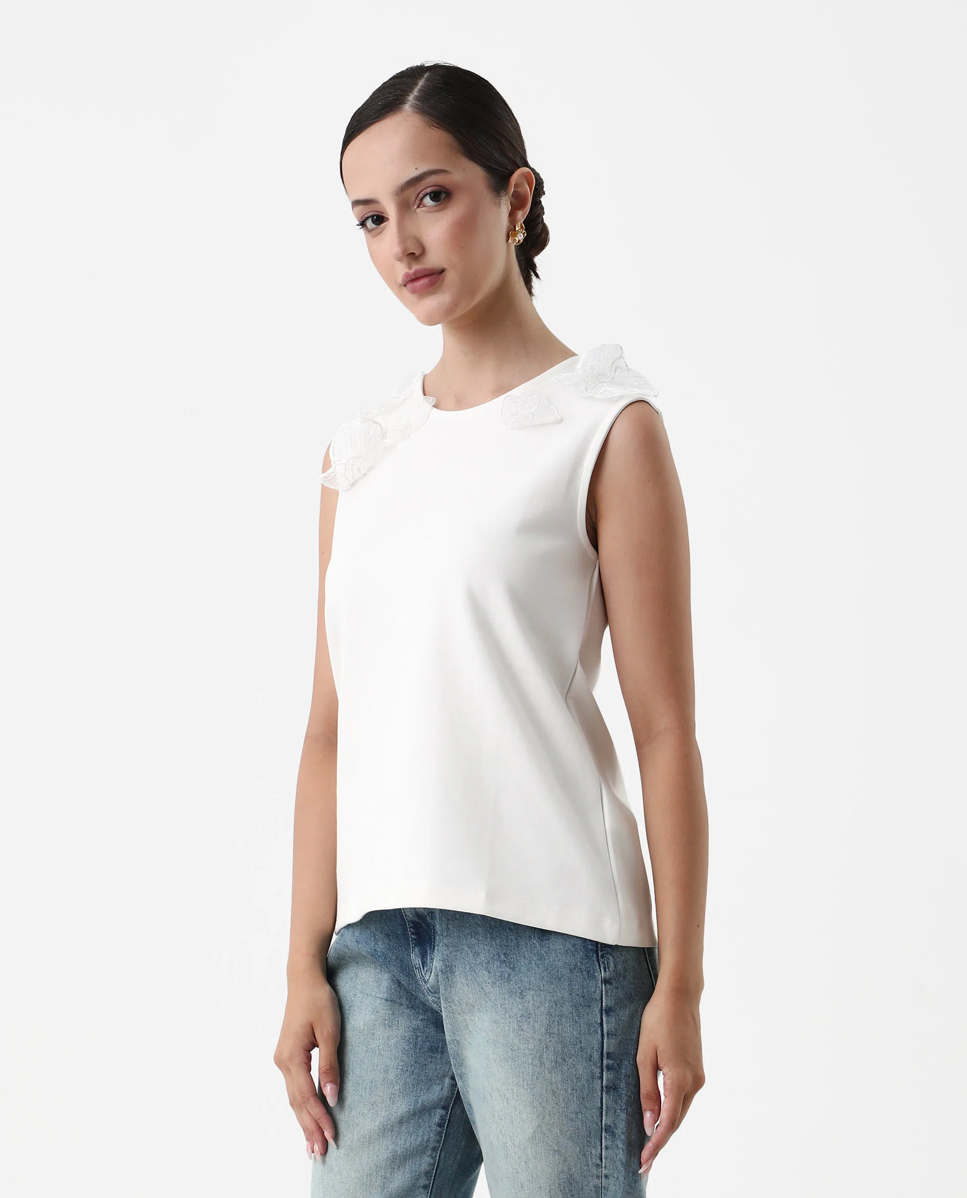 Rareism Women's Janbed Off White Cotton Blend Round Neck Plain Sleeveless Regular Fit T-Shirt - Image 6
