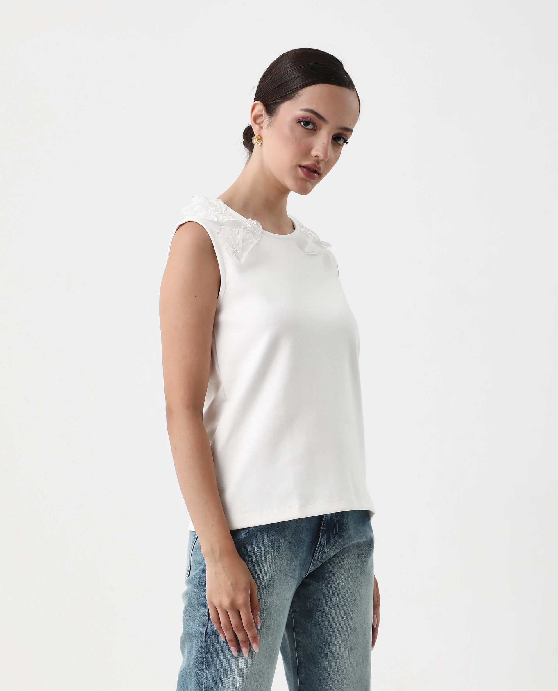 Rareism Women's Janbed Off White Cotton Blend Round Neck Plain Sleeveless Regular Fit T-Shirt - Image 7