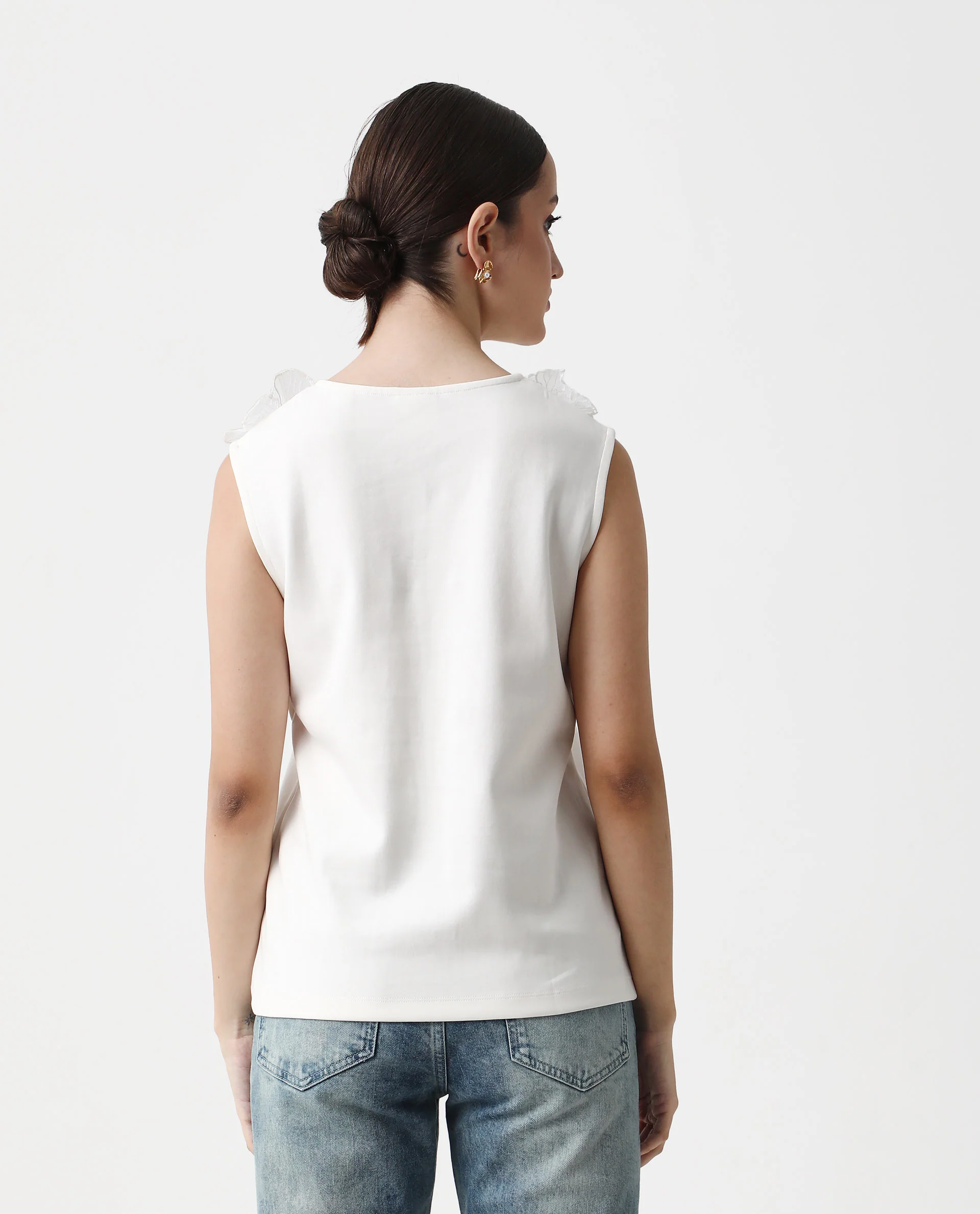 Rareism Women's Janbed Off White Cotton Blend Round Neck Plain Sleeveless Regular Fit T-Shirt - Image 8