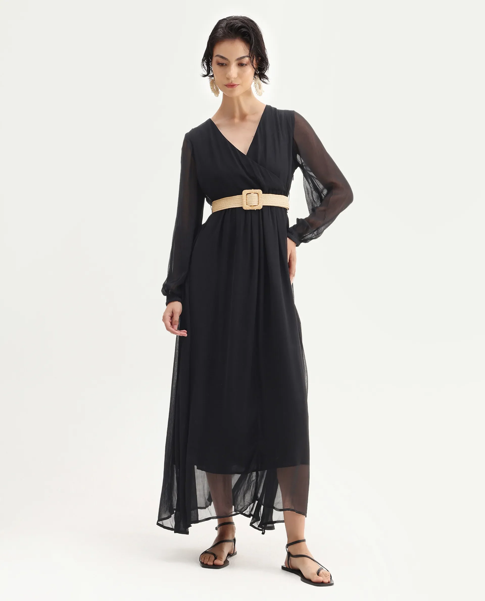 Rareism Women's Janclin Black Viscose V-Neck Plain Bishop Sleeve Maxi Fit And Flare Dress