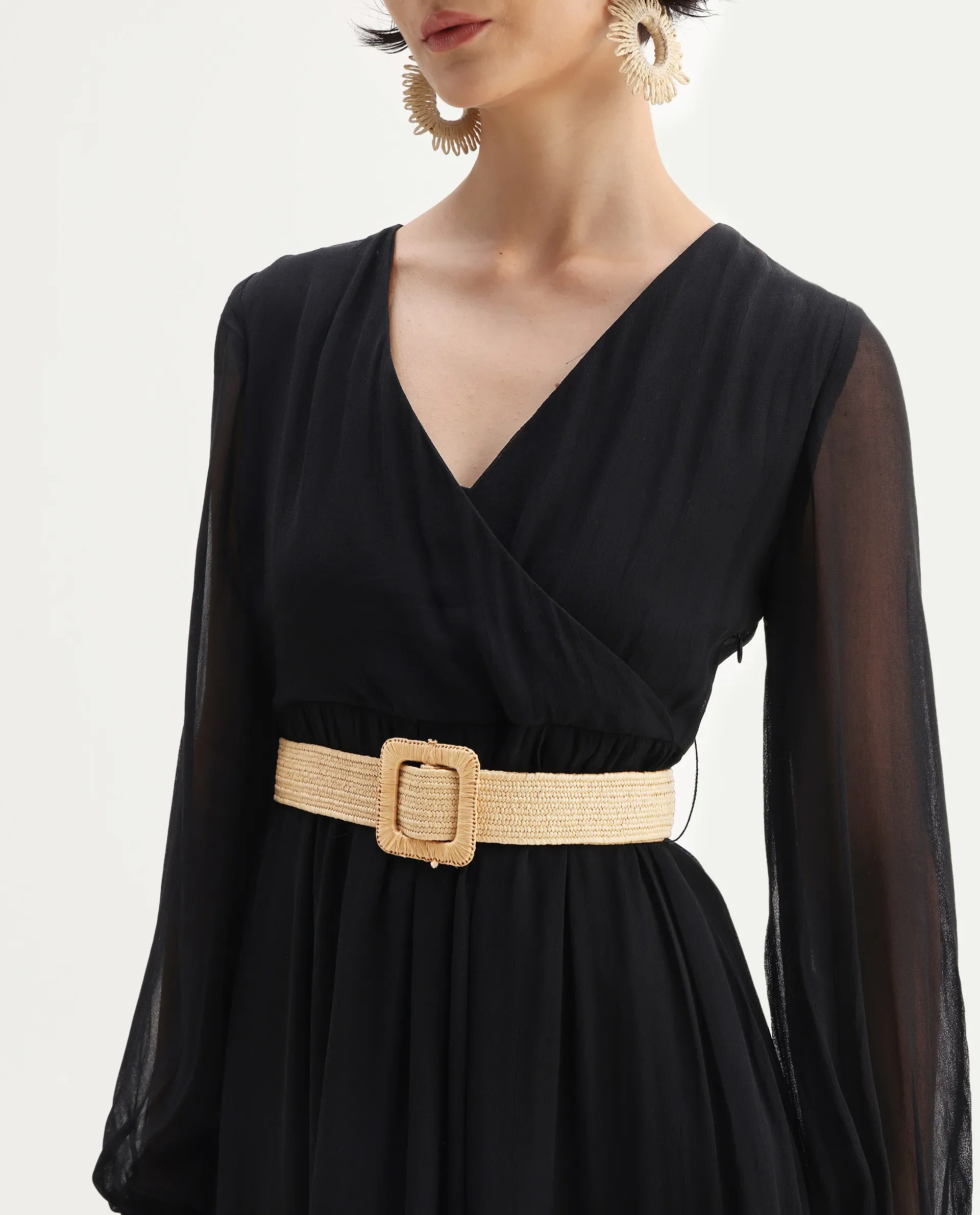 Rareism Women's Janclin Black Viscose V-Neck Plain Bishop Sleeve Maxi Fit And Flare Dress - Image 4