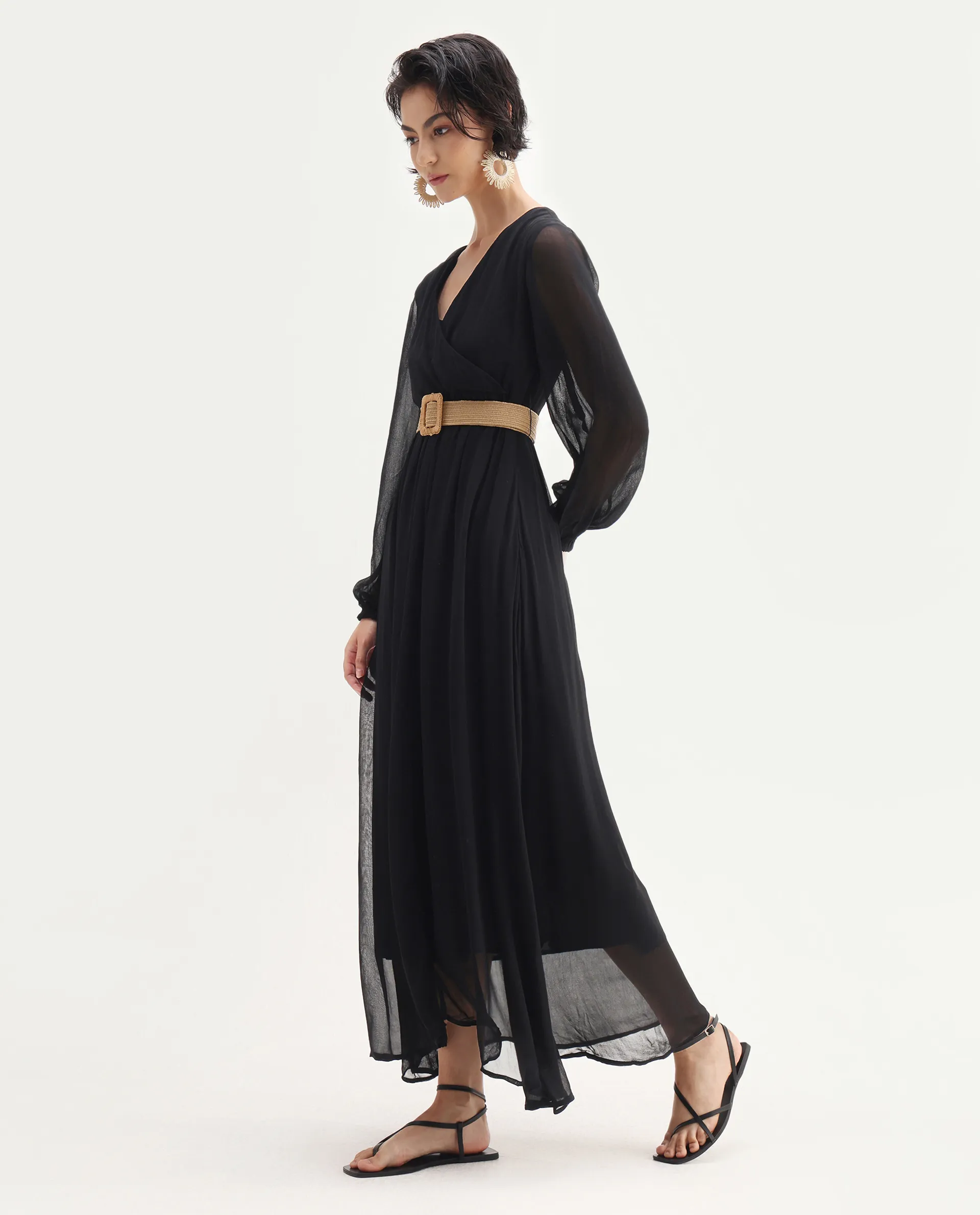 Rareism Women's Janclin Black Viscose V-Neck Plain Bishop Sleeve Maxi Fit And Flare Dress - Image 5