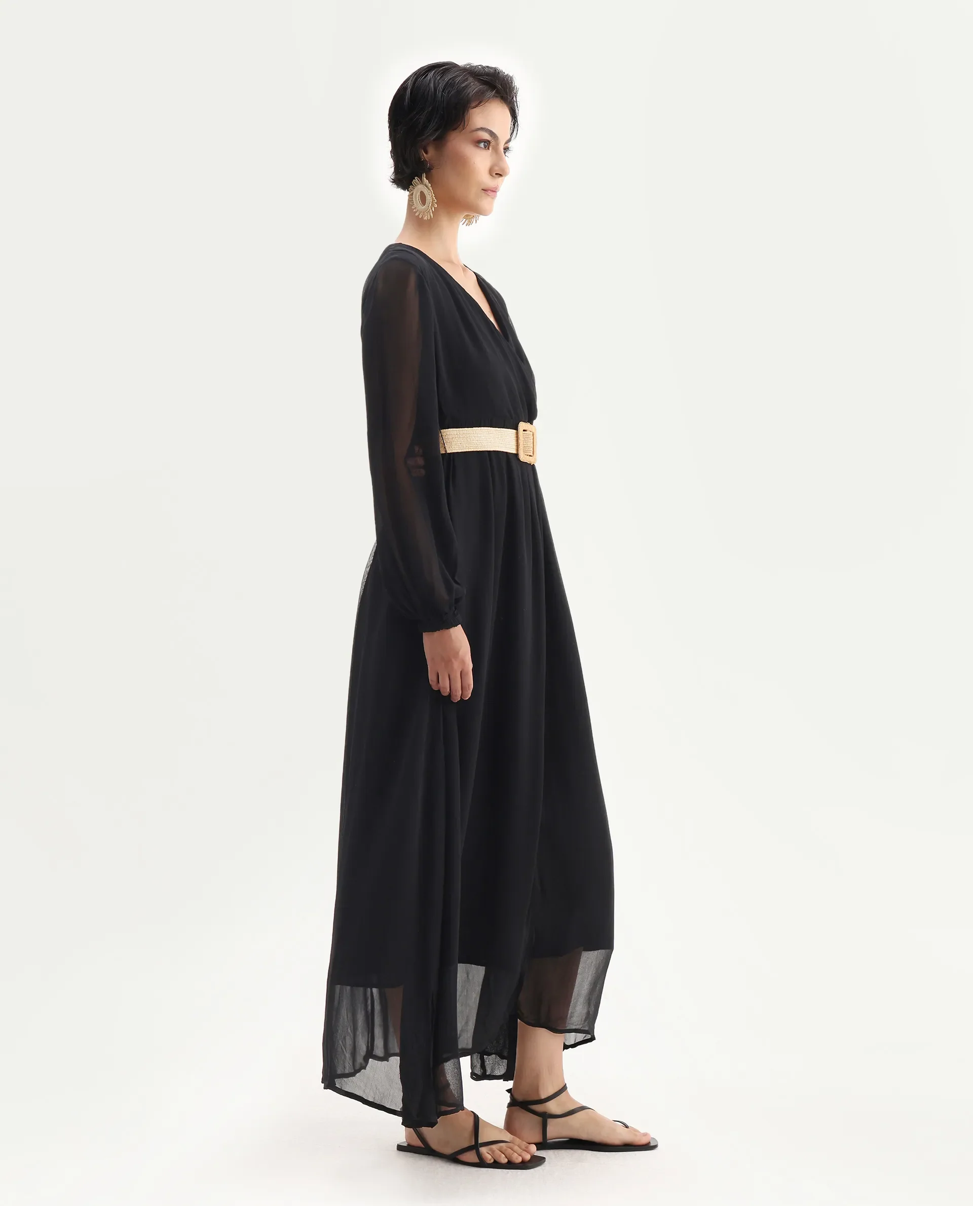 Rareism Women's Janclin Black Viscose V-Neck Plain Bishop Sleeve Maxi Fit And Flare Dress - Image 6