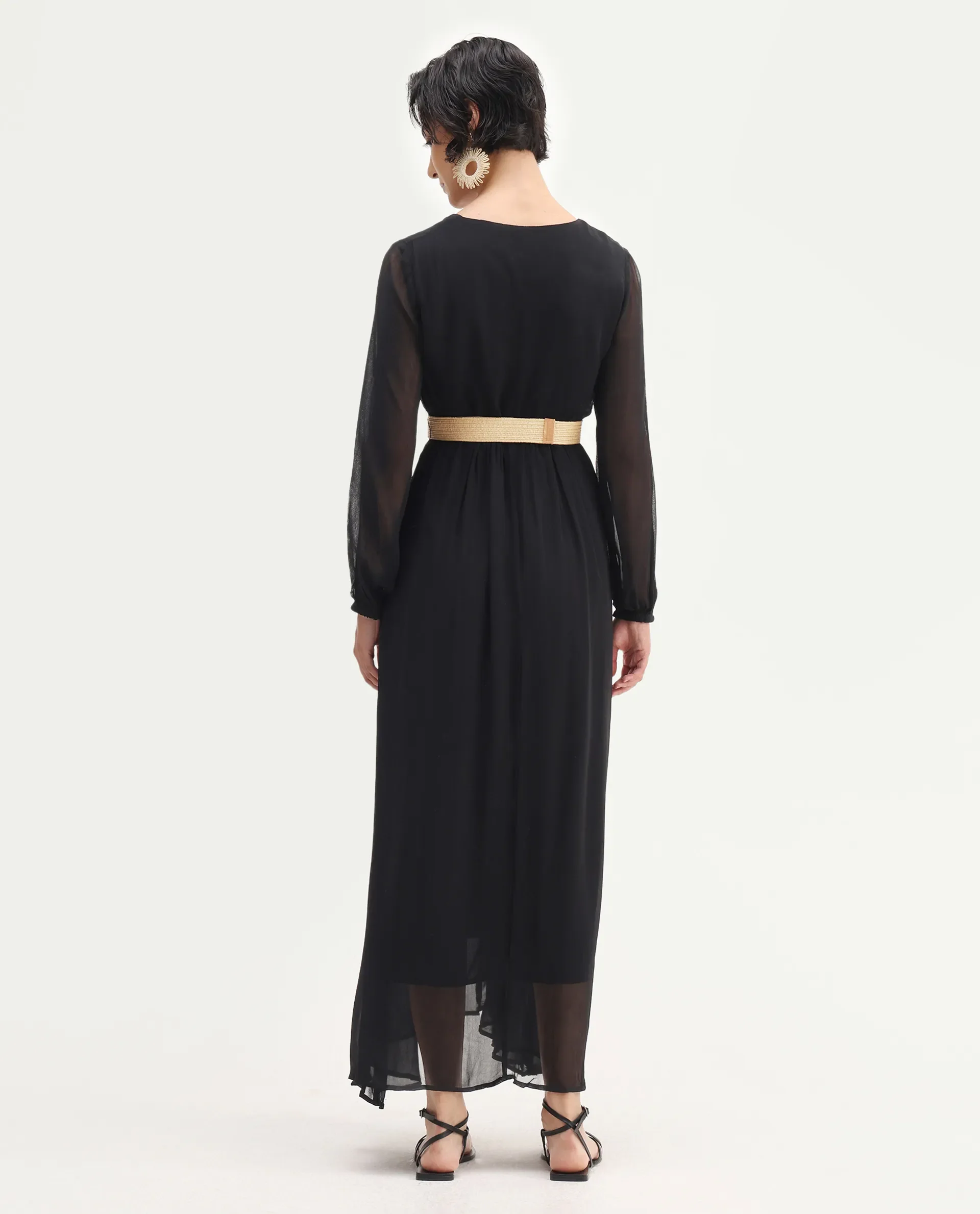 Rareism Women's Janclin Black Viscose V-Neck Plain Bishop Sleeve Maxi Fit And Flare Dress - Image 7