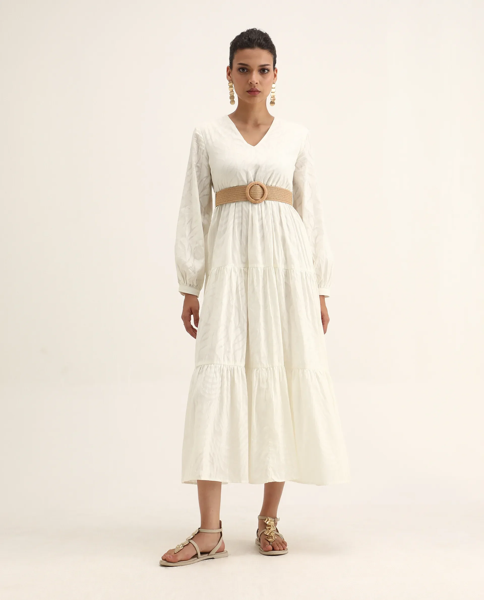 Rareism Women's Janco Off White Cotton V-Neck Plain Bishop Sleeve Maxi Fit And Flare Dress - Image 3