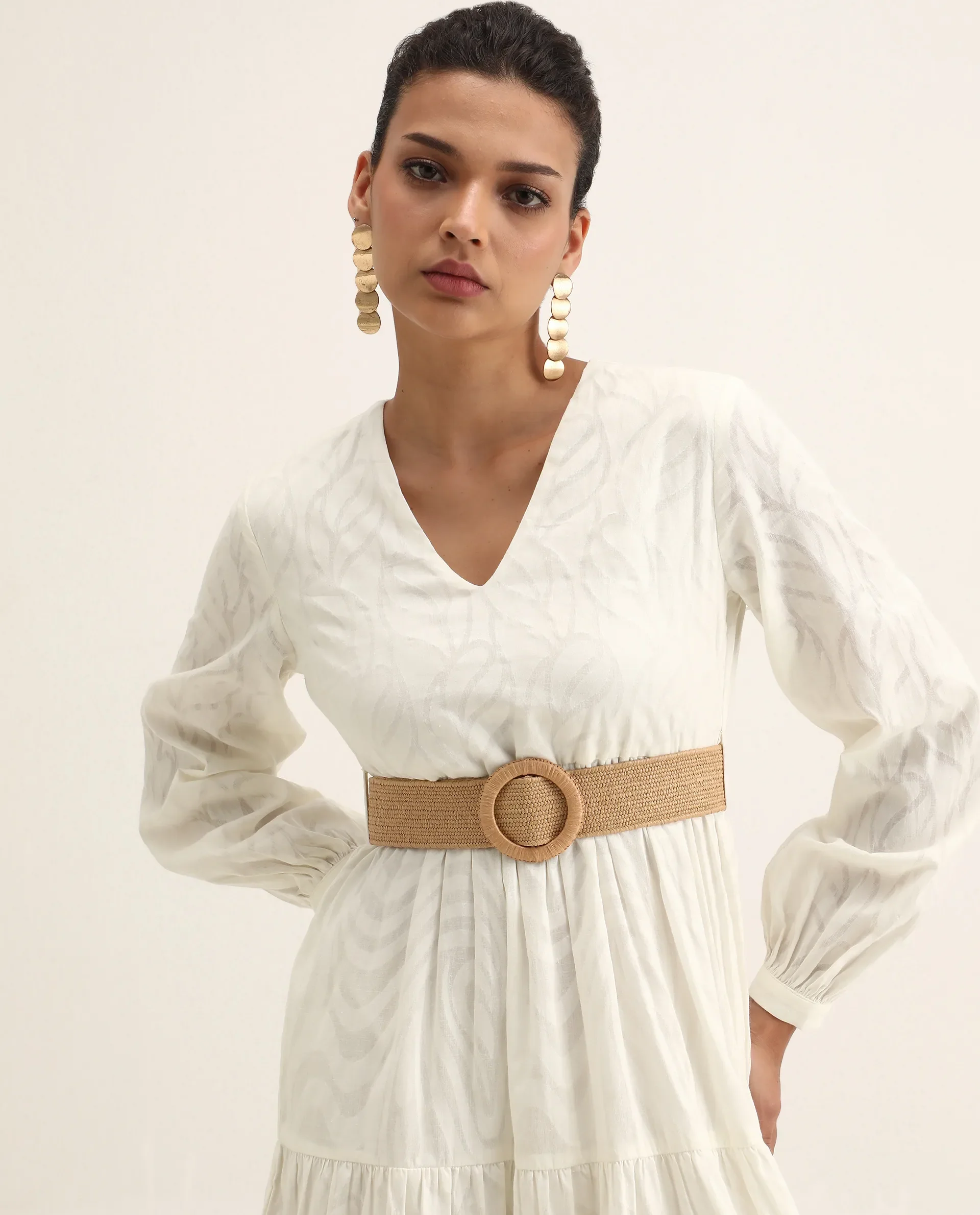 Rareism Women's Janco Off White Cotton V-Neck Plain Bishop Sleeve Maxi Fit And Flare Dress - Image 4