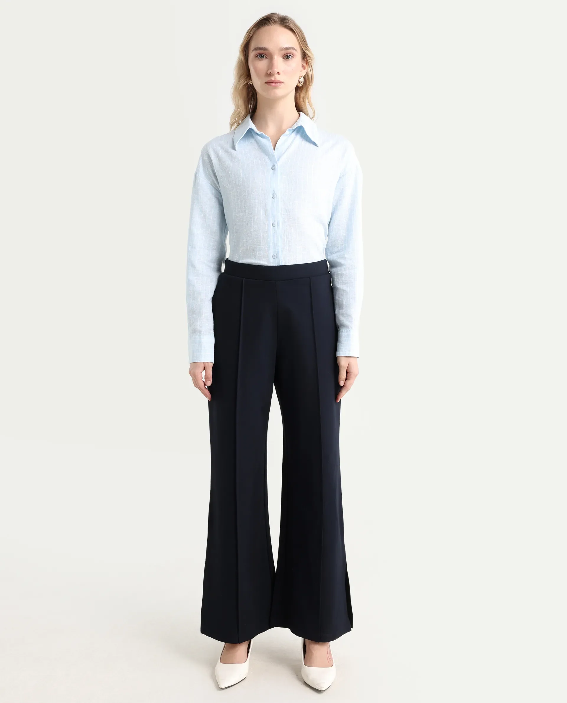 Rareism Women's Jancuri Navy Rayon Plain Ankle Length Straight Fit Trouser - Image 3