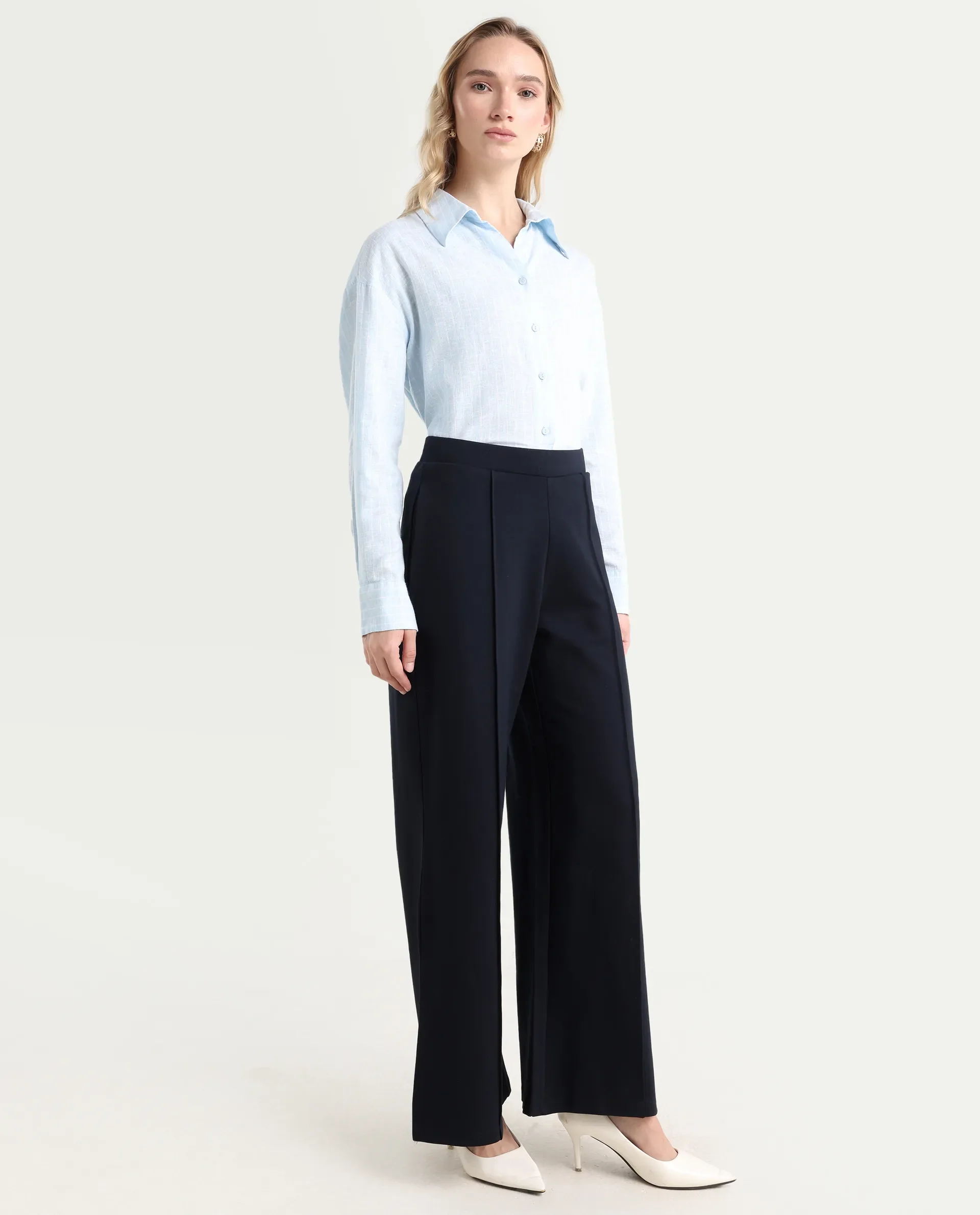Rareism Women's Jancuri Navy Rayon Plain Ankle Length Straight Fit Trouser - Image 7