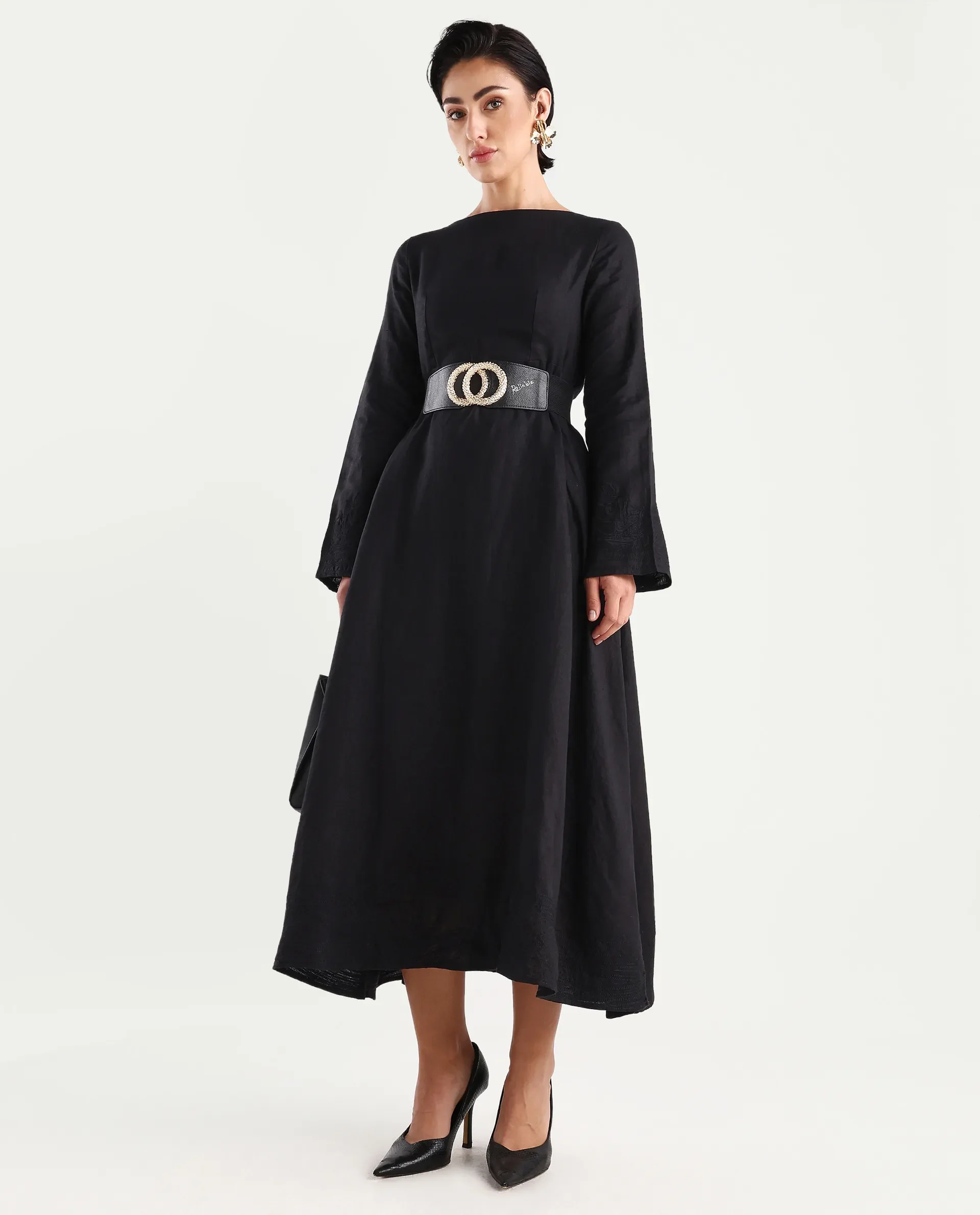 Rareism Women's Jander Black Linen Boat Neck Plain Maxi Fit And Flare Dress