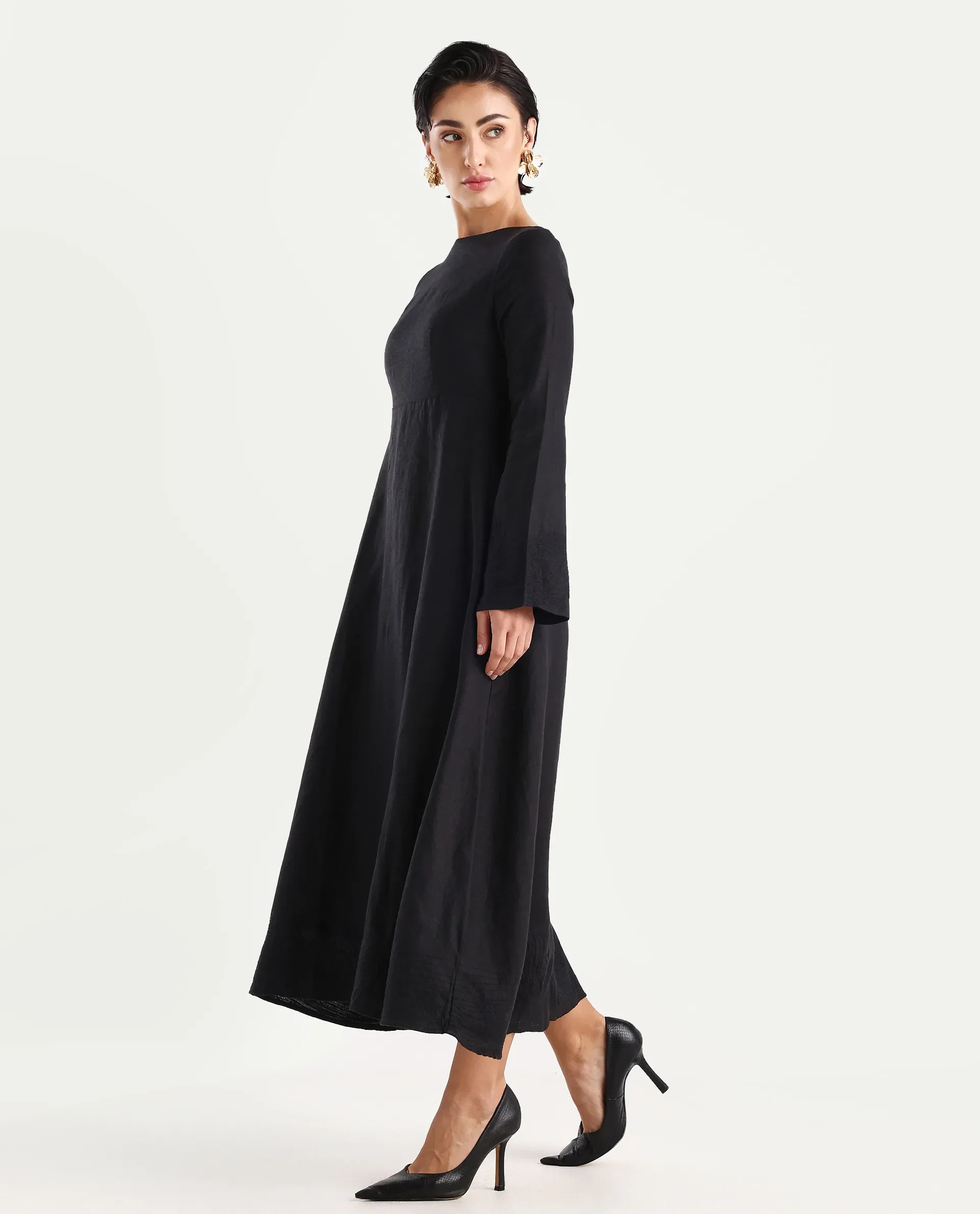 Rareism Women's Jander Black Linen Boat Neck Plain Maxi Fit And Flare Dress - Image 5