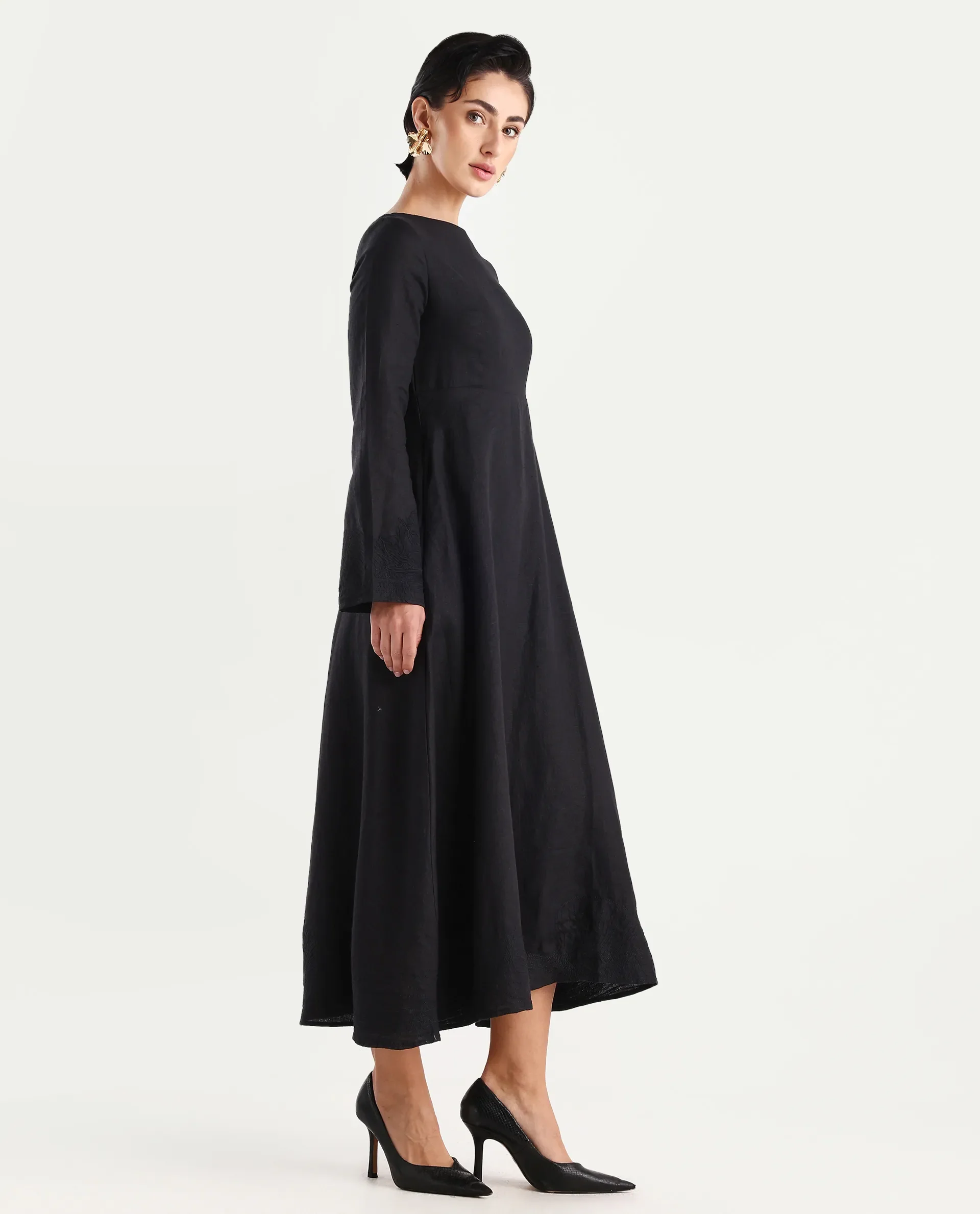 Rareism Women's Jander Black Linen Boat Neck Plain Maxi Fit And Flare Dress - Image 6