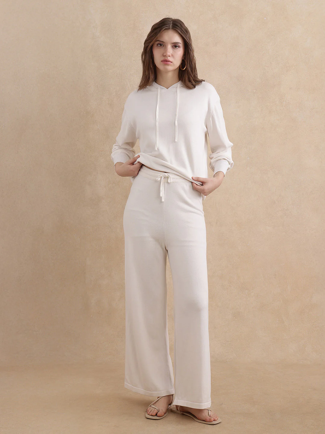 Rareism Women's Janfinn-B Off White Viscose Blend Plain Ankle Length Wide Trouser