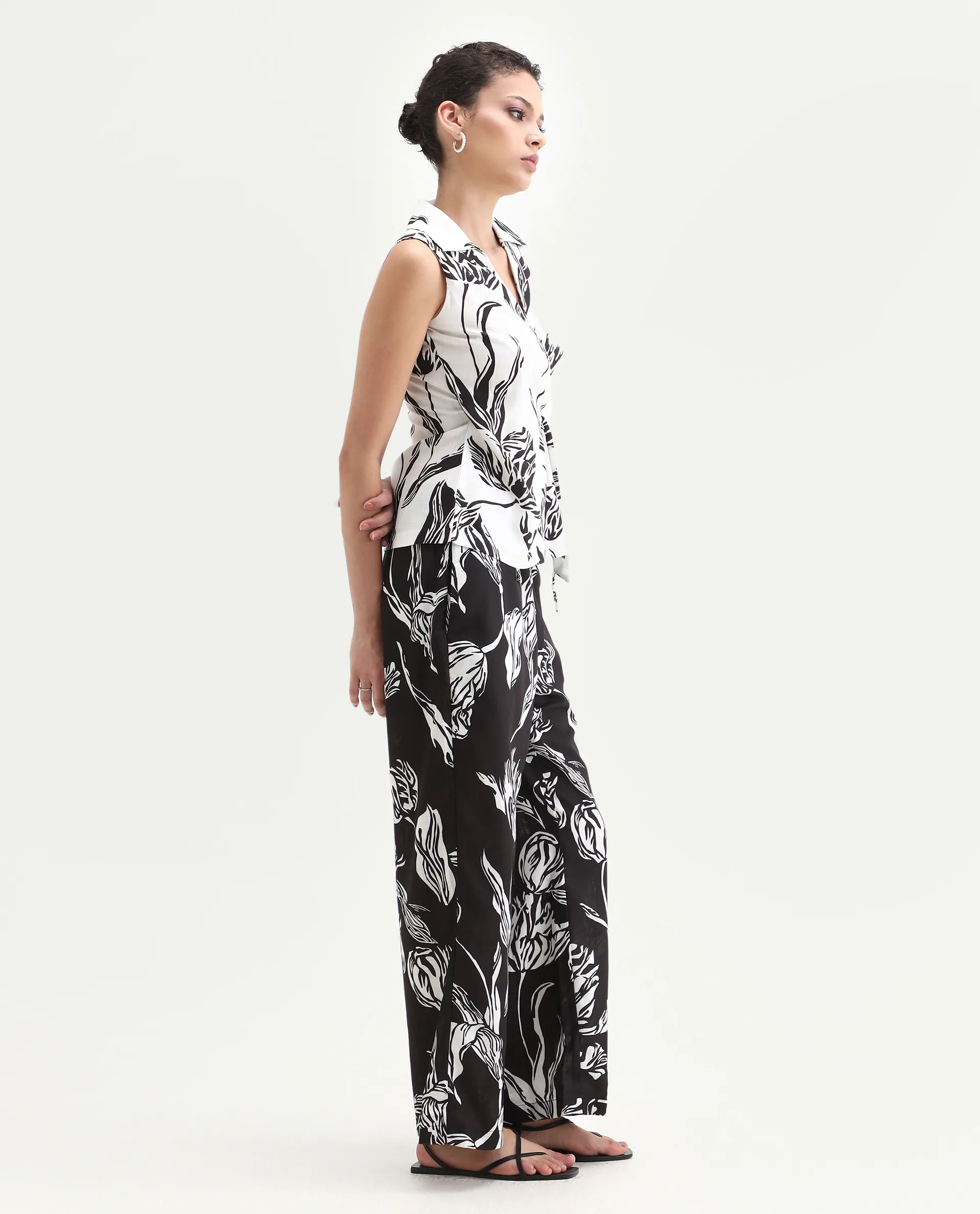 Rareism Women's Janfu B Black Polyester Floral Print Ankle Length Wide Trouser