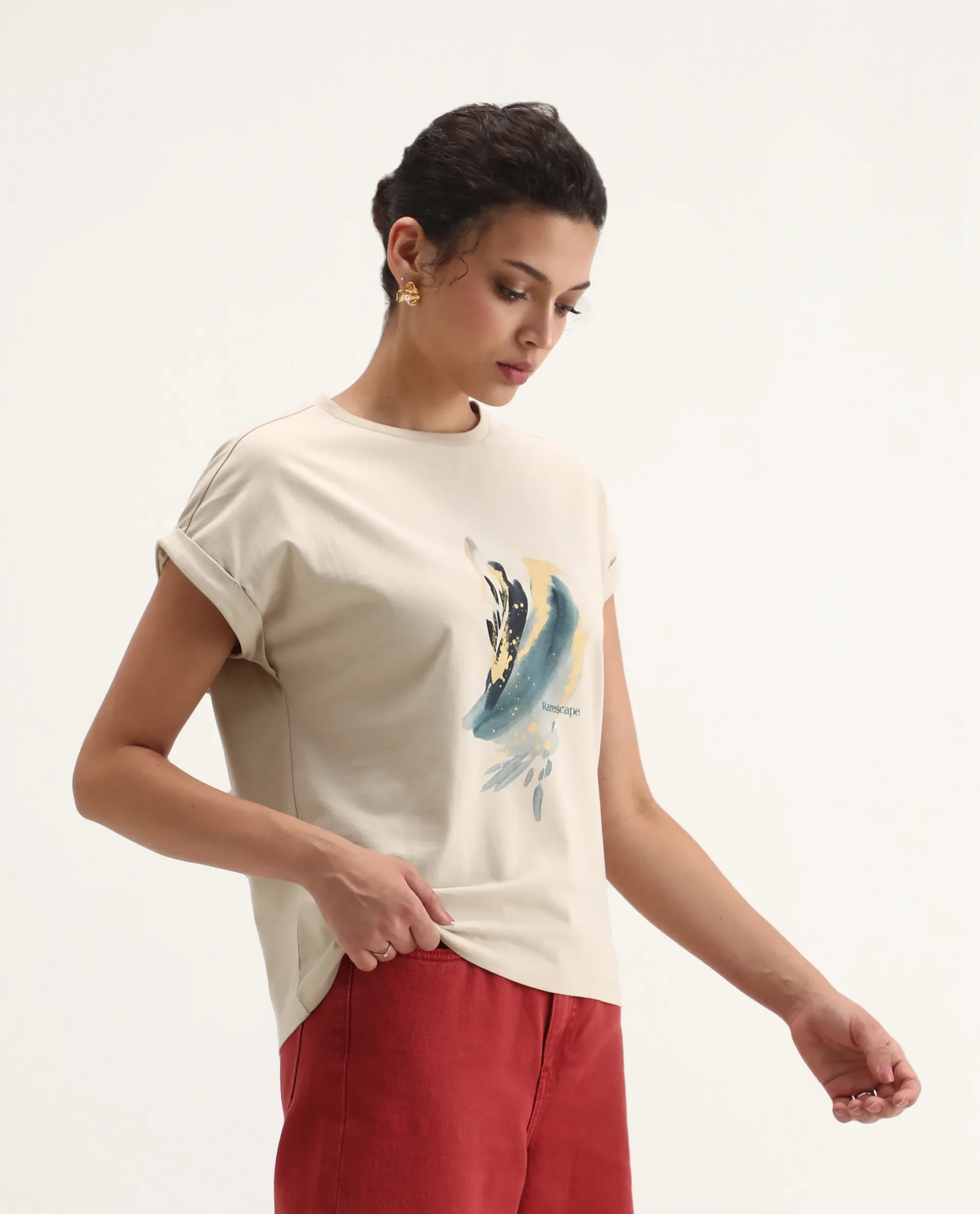 Rareism Women's Jango-S26 Beige Cotton Half Sleeve Regular Fit Graphic Print T-Shirt - Image 4