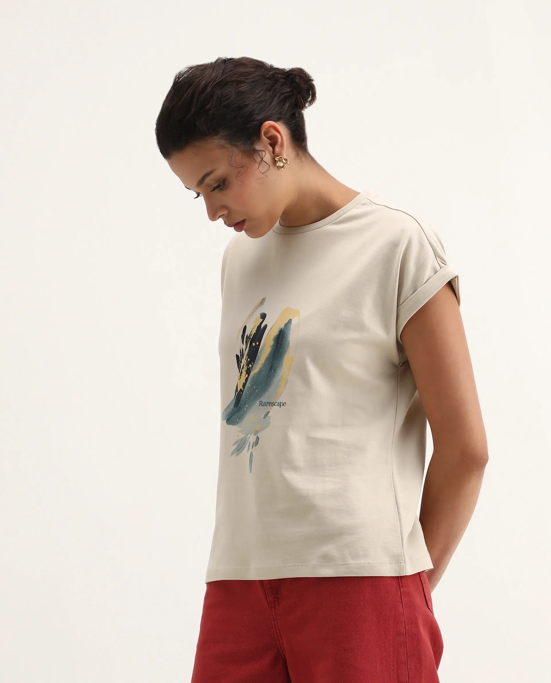 Rareism Women's Jango Beige Cotton Round Neck Graphic Print Extended Sleeves Regular Fit T-Shirt - Image 4