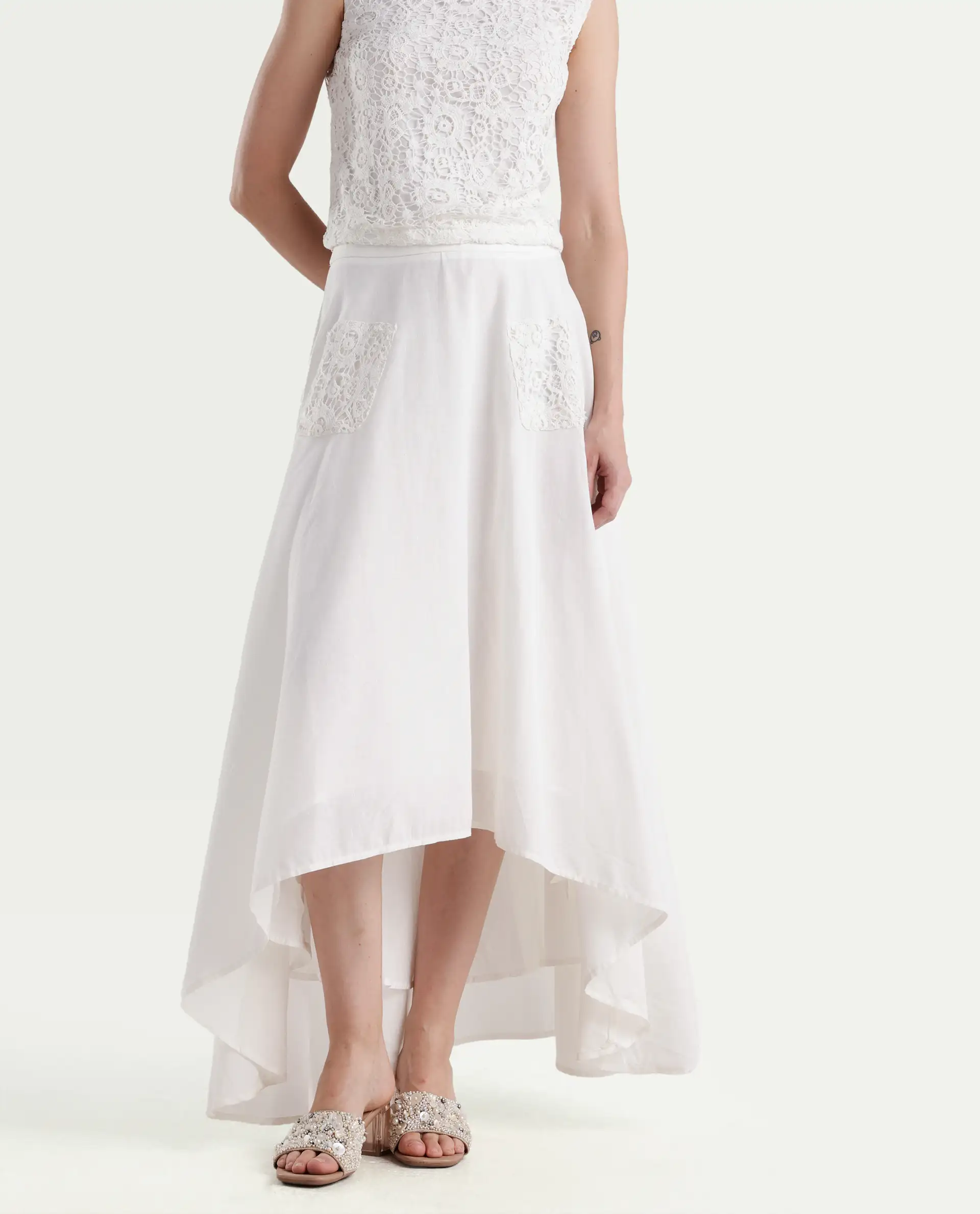 Rareism Women's Janlom B Off White Cotton Blend Plain Ankle Length A-Line Skirt - Image 3