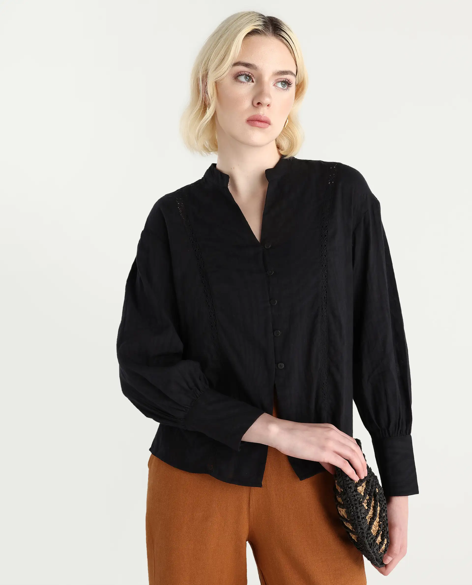 Rareism Women's Janmax Black Cotton Mandarin Collar Plain Cuffed Sleeve Regular Fit Top