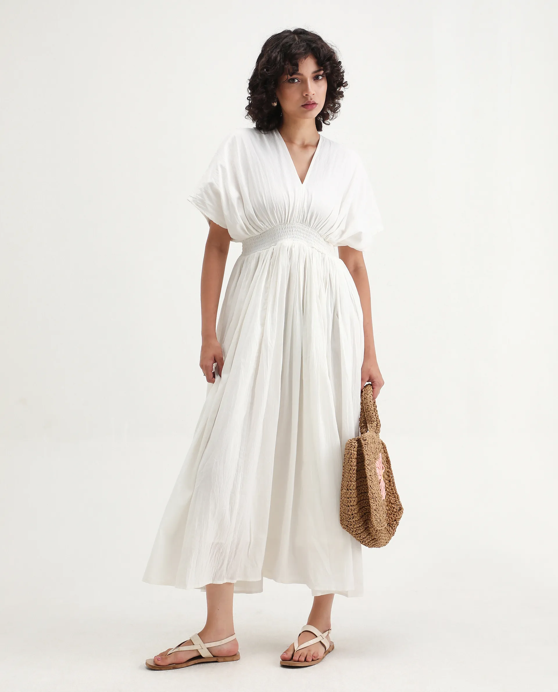 Rareism Women's Janmay Beige Cotton V-Neck Plain Kimono Sleeve Maxi Flared Dress