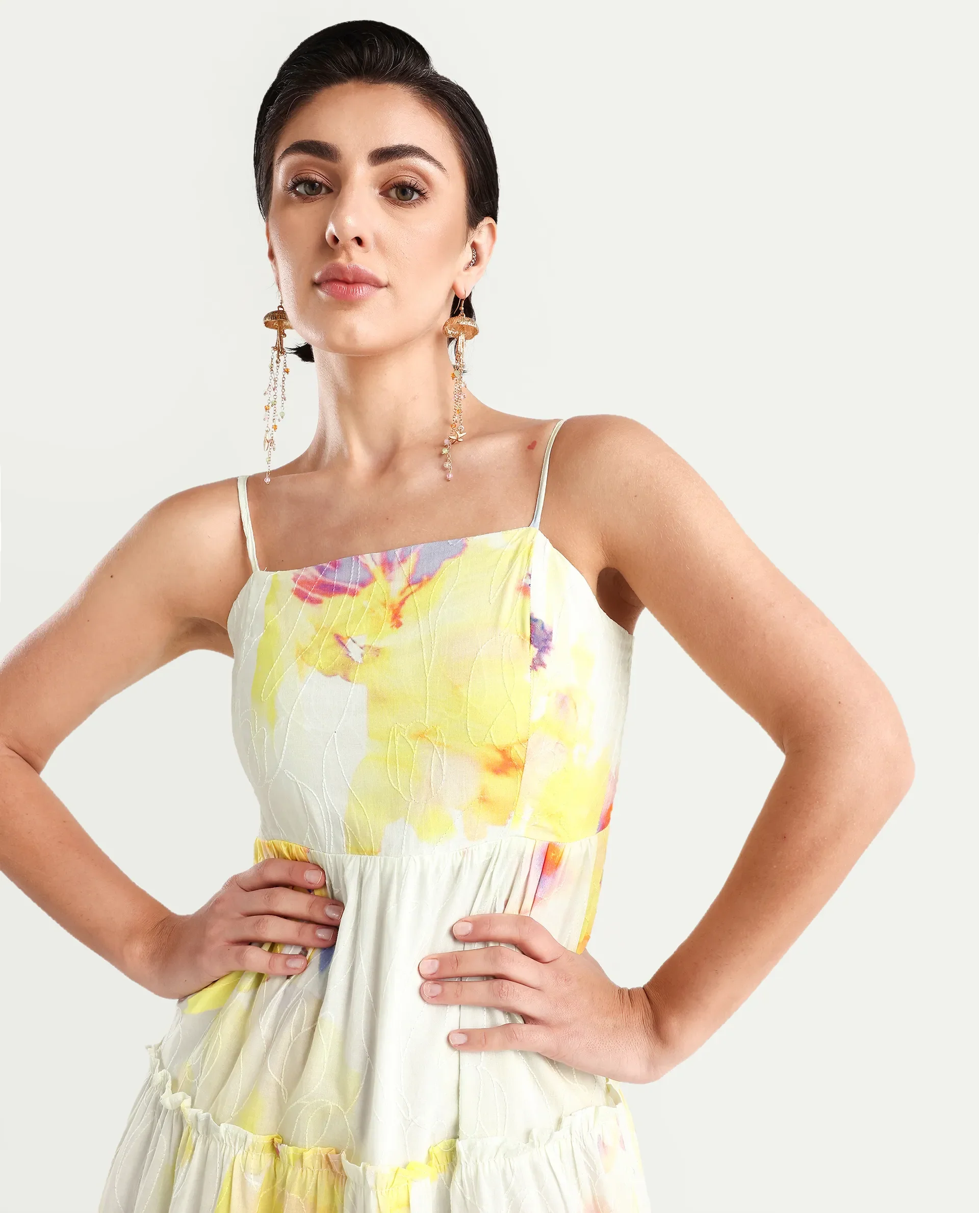 Rareism Women's Jannew Light Multi Cotton Shoulder Strap Floral Print Sleeveless Maxi Fit And Flare Dress - Image 3