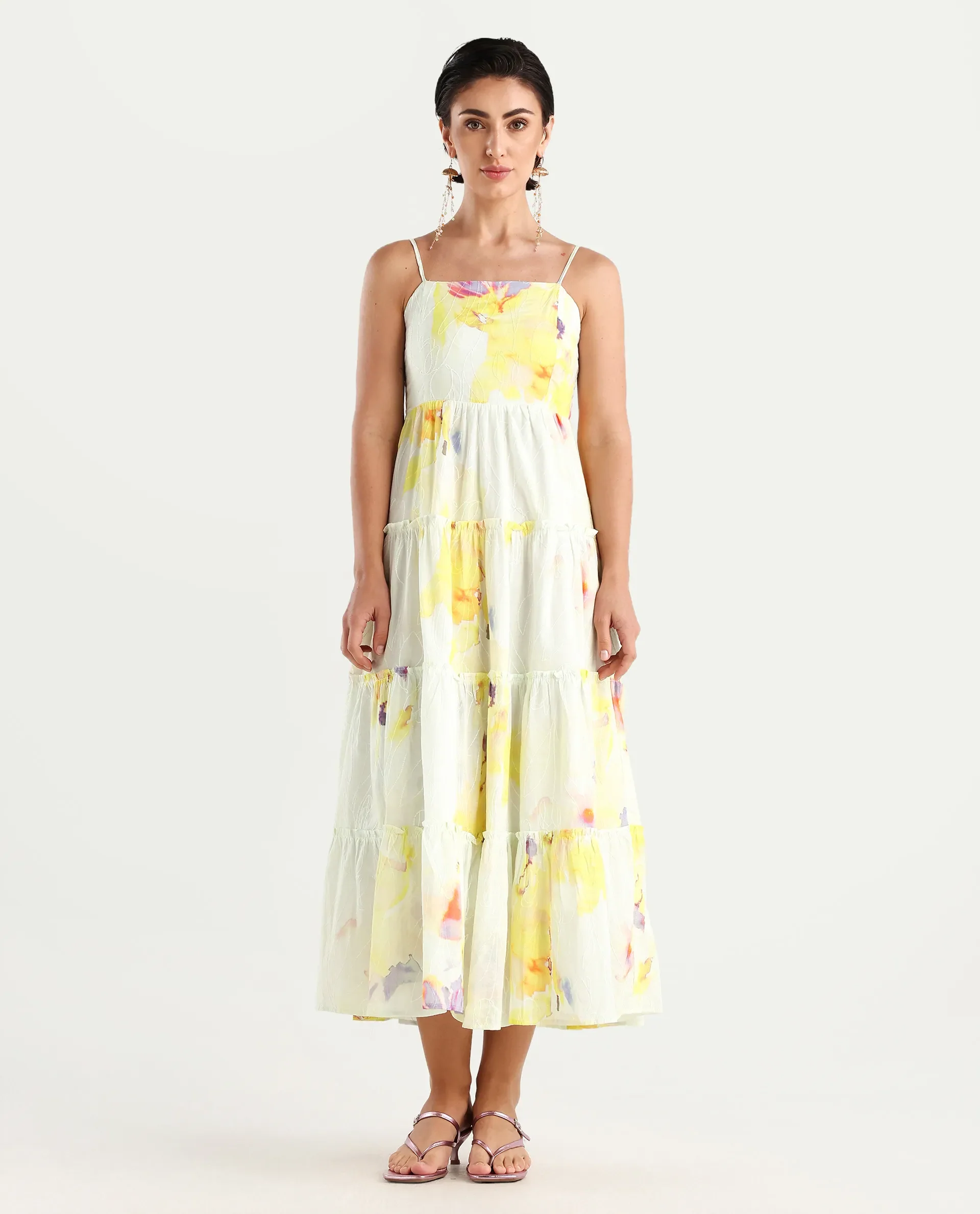 Rareism Women's Jannew Light Multi Cotton Shoulder Strap Floral Print Sleeveless Maxi Fit And Flare Dress - Image 4