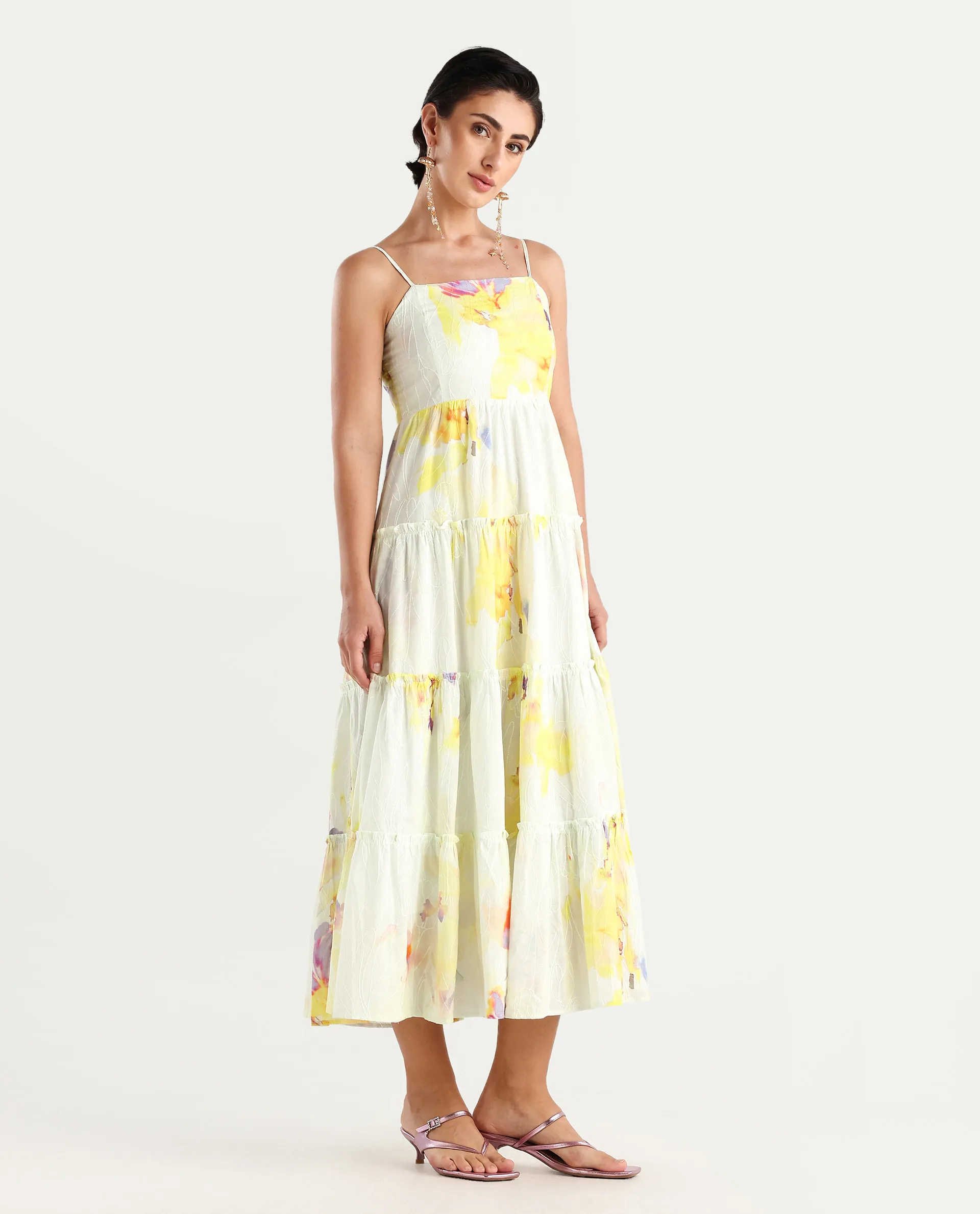 Rareism Women's Jannew Light Multi Cotton Shoulder Strap Floral Print Sleeveless Maxi Fit And Flare Dress - Image 6