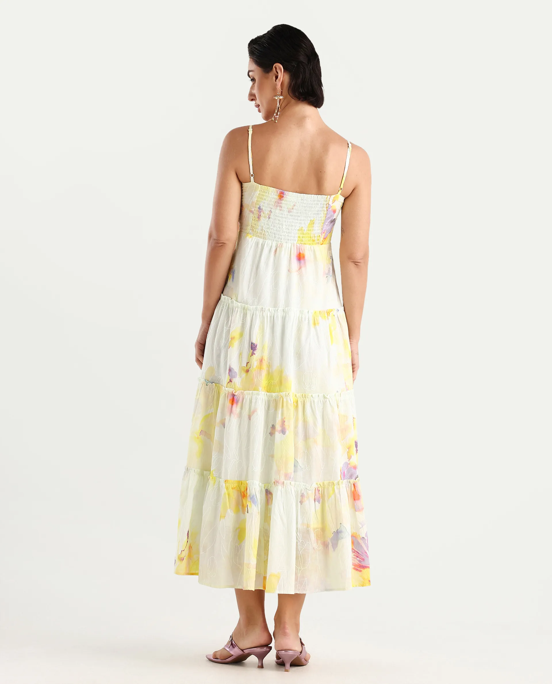 Rareism Women's Jannew Light Multi Cotton Shoulder Strap Floral Print Sleeveless Maxi Fit And Flare Dress - Image 7