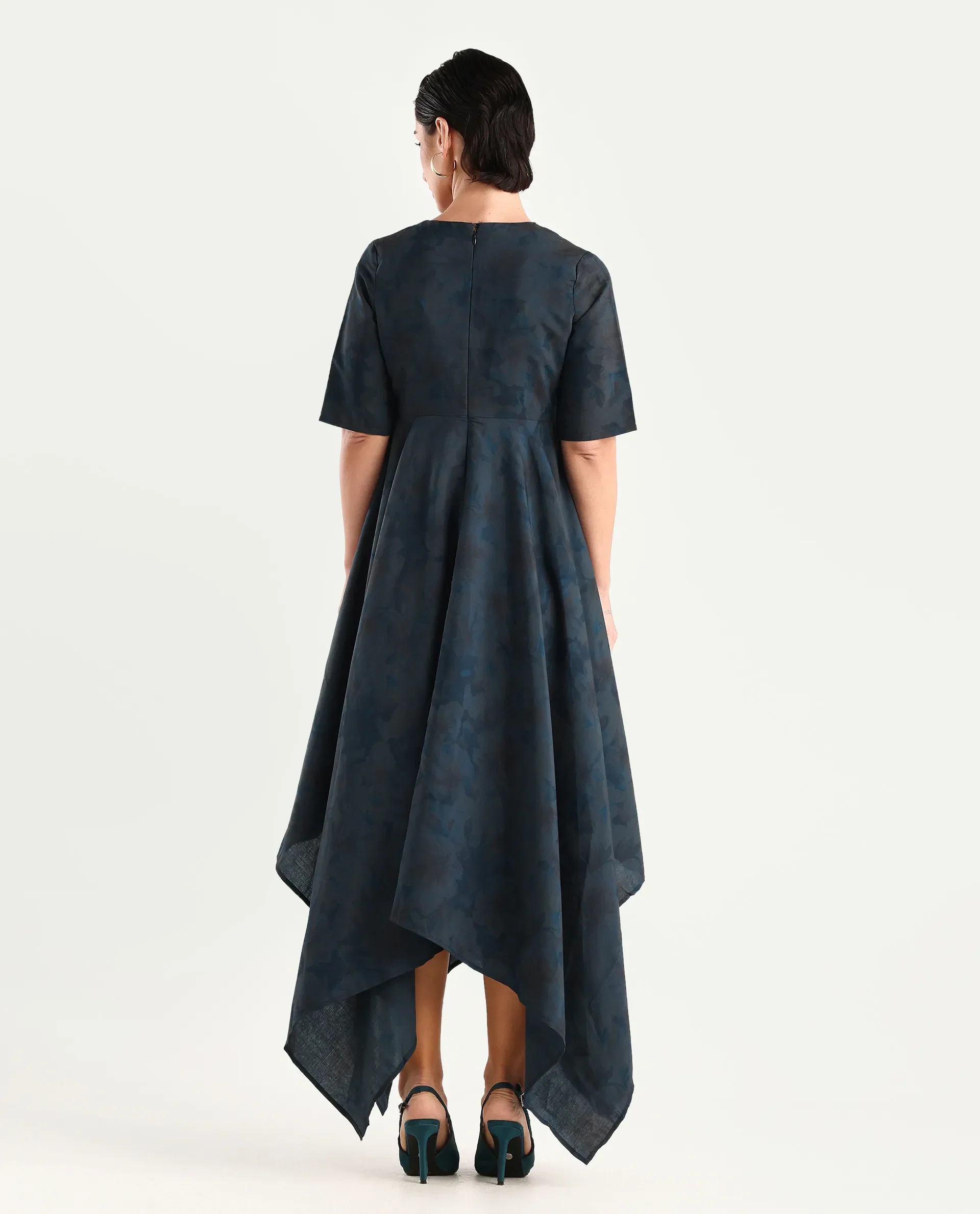 Rareism Women's Janrims Dark Blue Polyester V-Neck Floral Print Bell Sleeve Maxi Fit And Flare Dress - Image 7