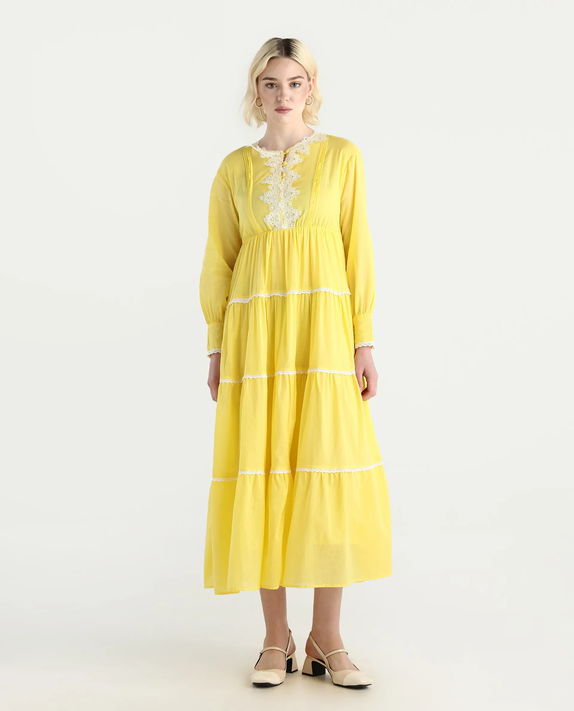 Rareism Women's Janron Mustard Cotton Round Neck Plain Bishop Sleeve Maxi Fit And Flare Dress