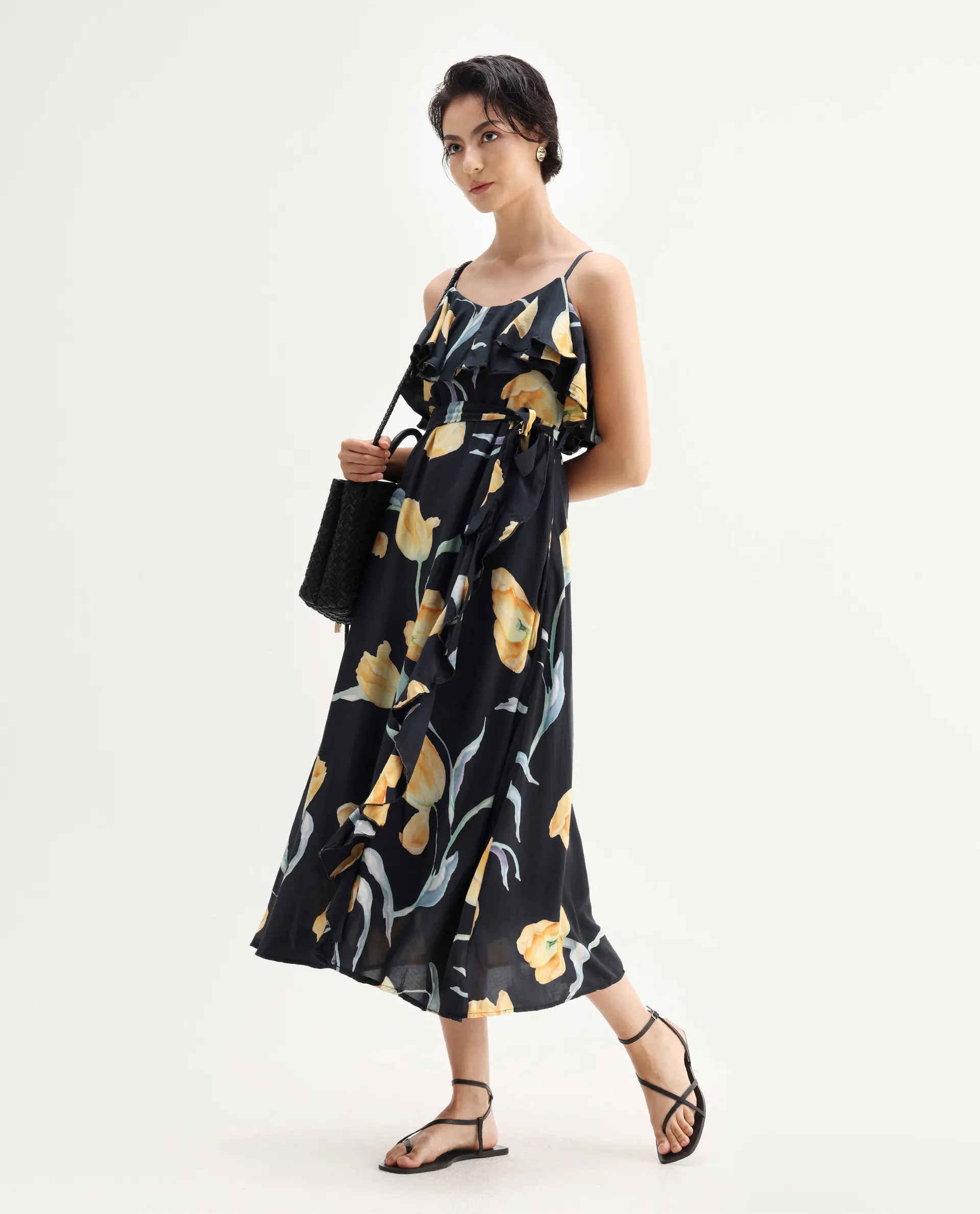 Rareism Women's Jantoto Black Viscose Shoulder Strap Floral Print Sleeveless Midi Fit And Flare Dress