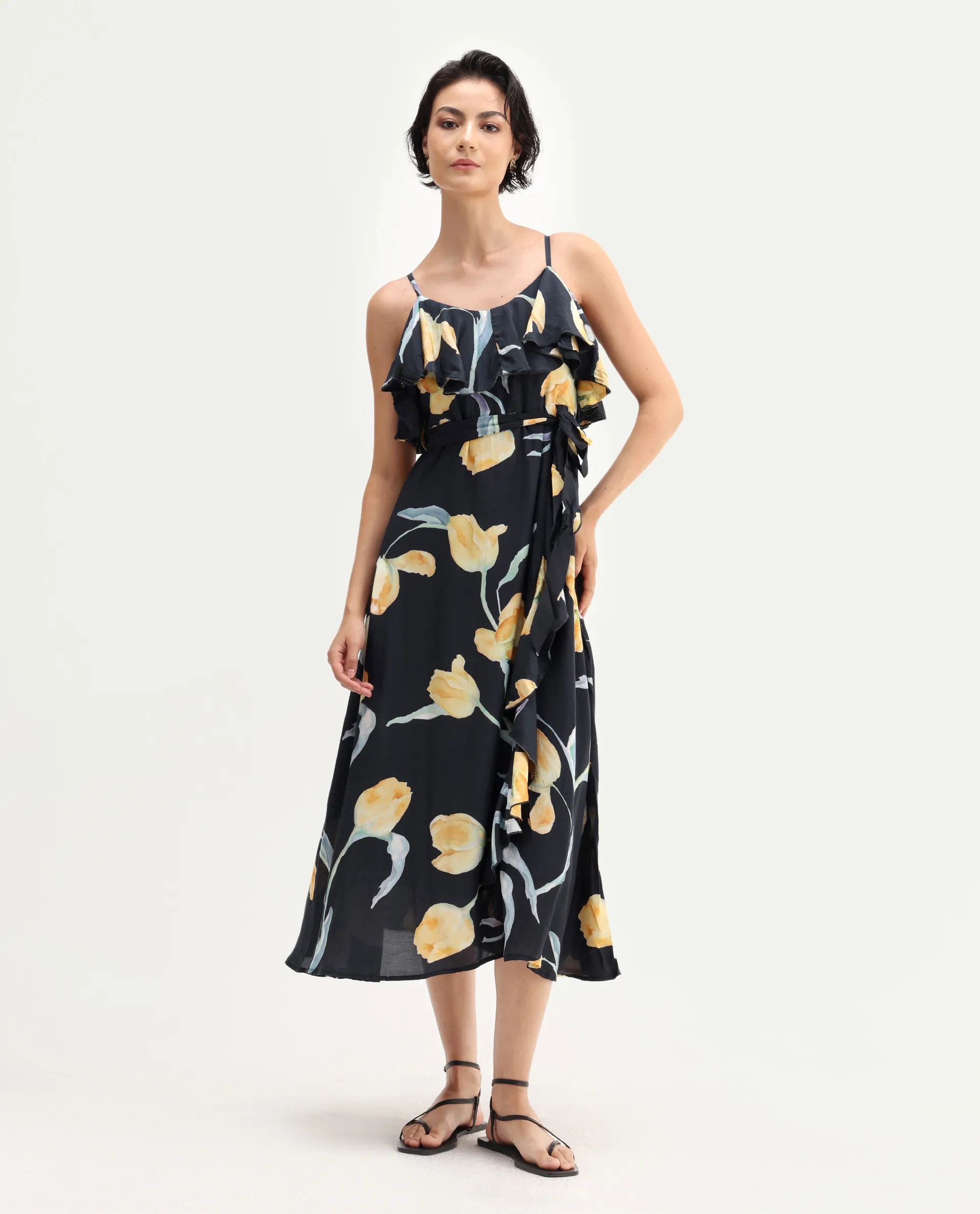 Rareism Women's Jantoto Black Viscose Shoulder Strap Floral Print Sleeveless Midi Fit And Flare Dress - Image 2