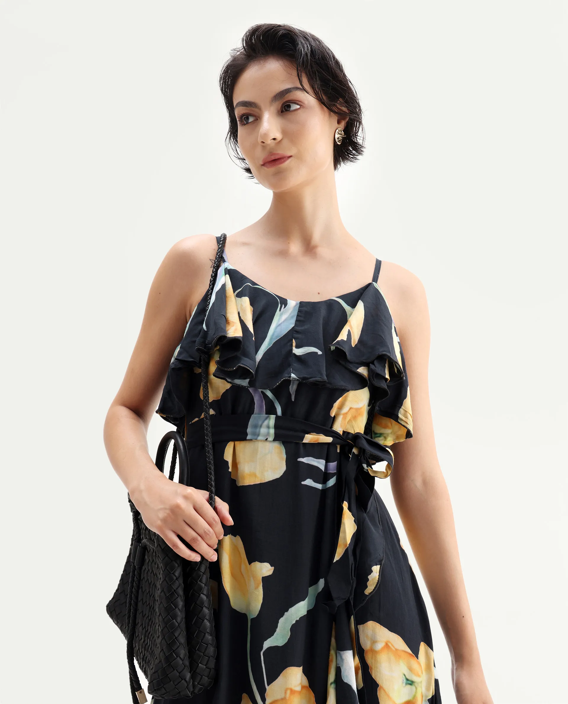 Rareism Women's Jantoto Black Viscose Shoulder Strap Floral Print Sleeveless Midi Fit And Flare Dress - Image 3