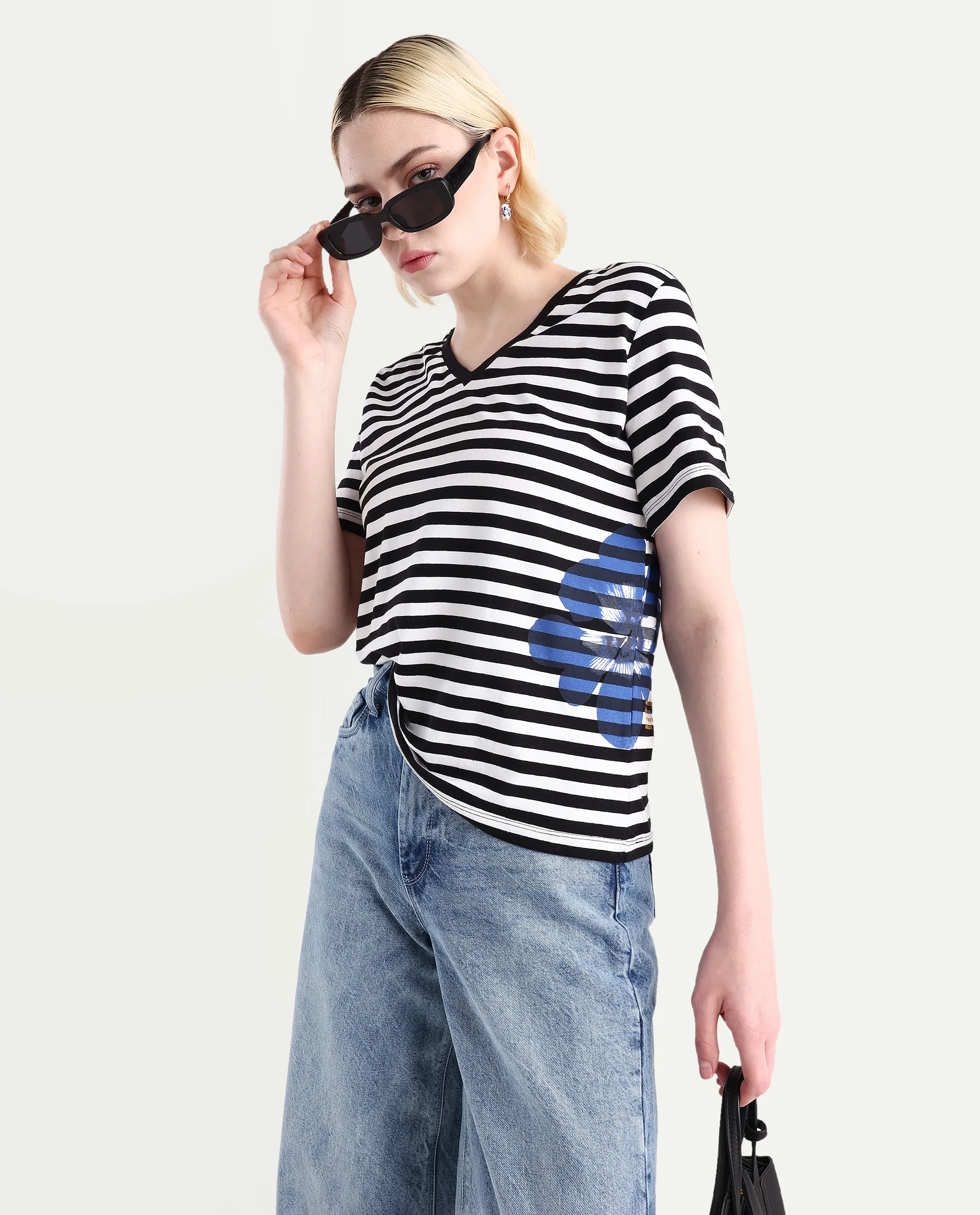 Rareism Women's Janyan Off White Cotton Blend V-Neck Striped Regular Fit T-Shirt
