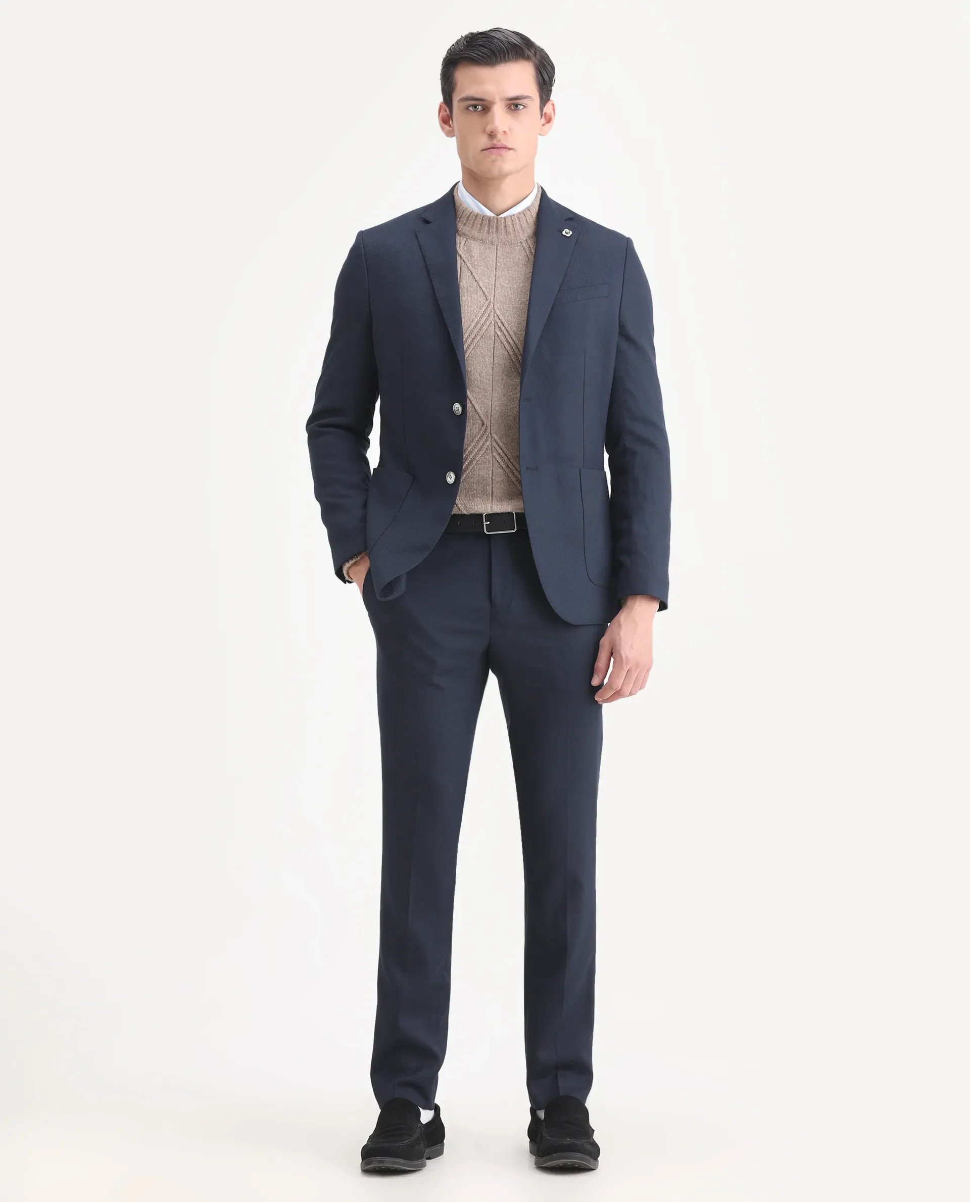 Rare Rabbit Men's Jardin Dark Navy Polyester Plain Tailored Fit Full Sleeve Lapel Neck Suits
