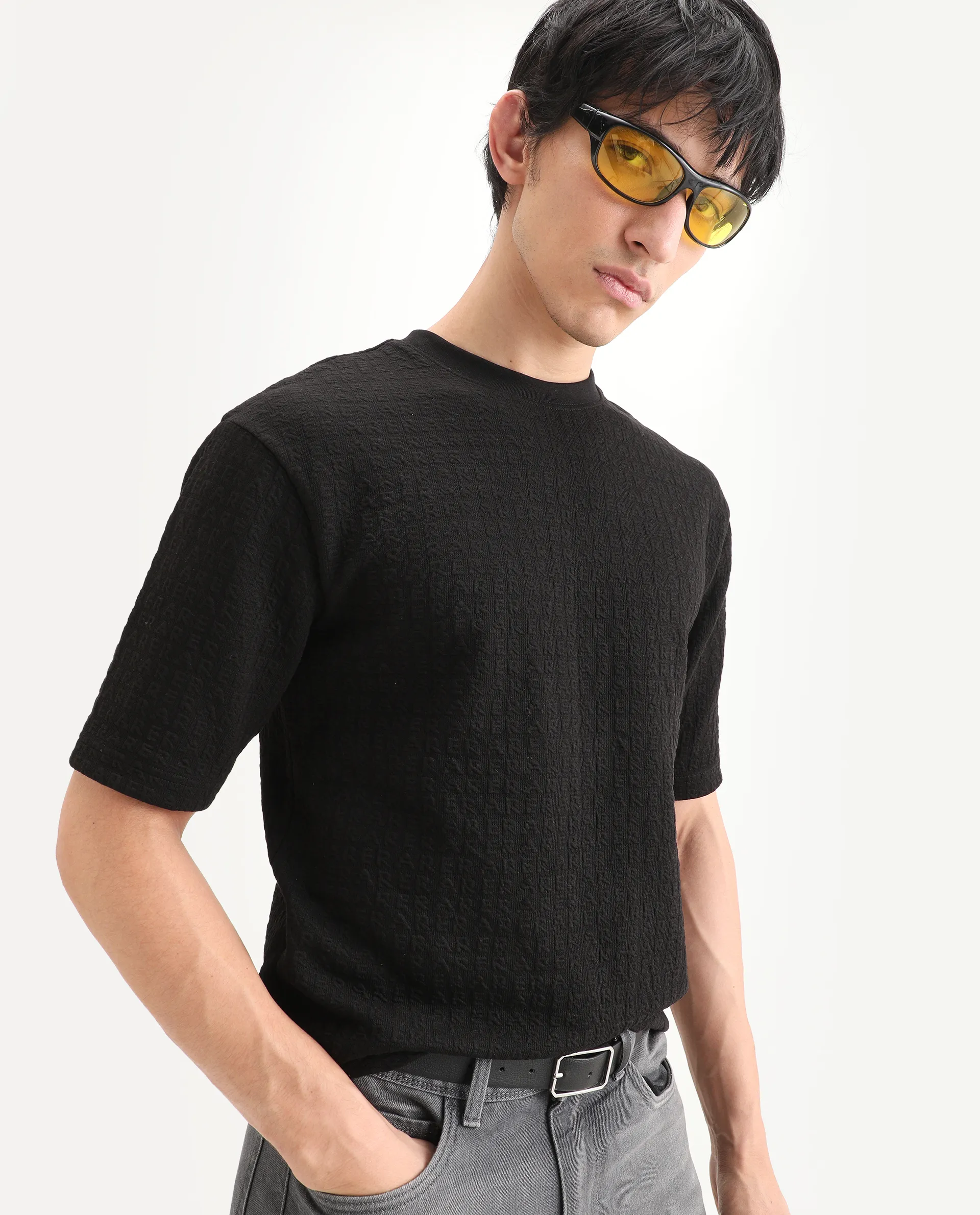 Rare Rabbit Men's Jas-2 Black Cotton Fabric Half Sleeve Crew Neck Oversized Jacquard T-Shirt