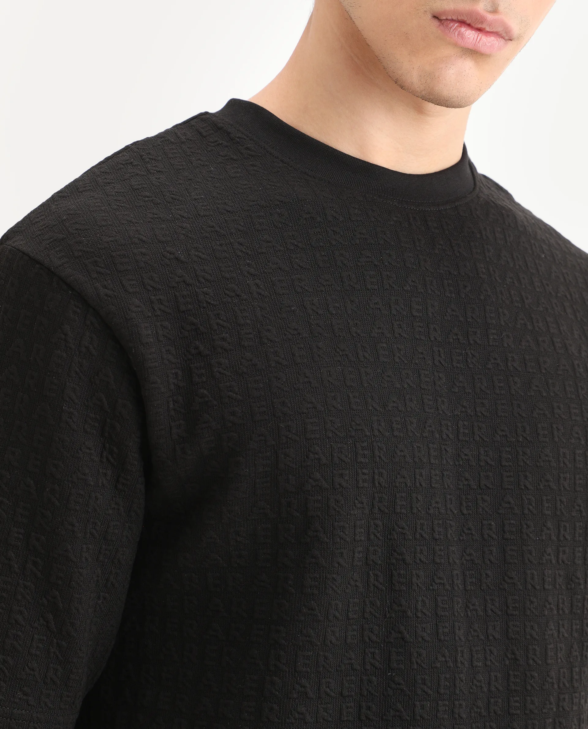 Rare Rabbit Men's Jas-2 Black Cotton Fabric Half Sleeve Crew Neck Oversized Jacquard T-Shirt - Image 3
