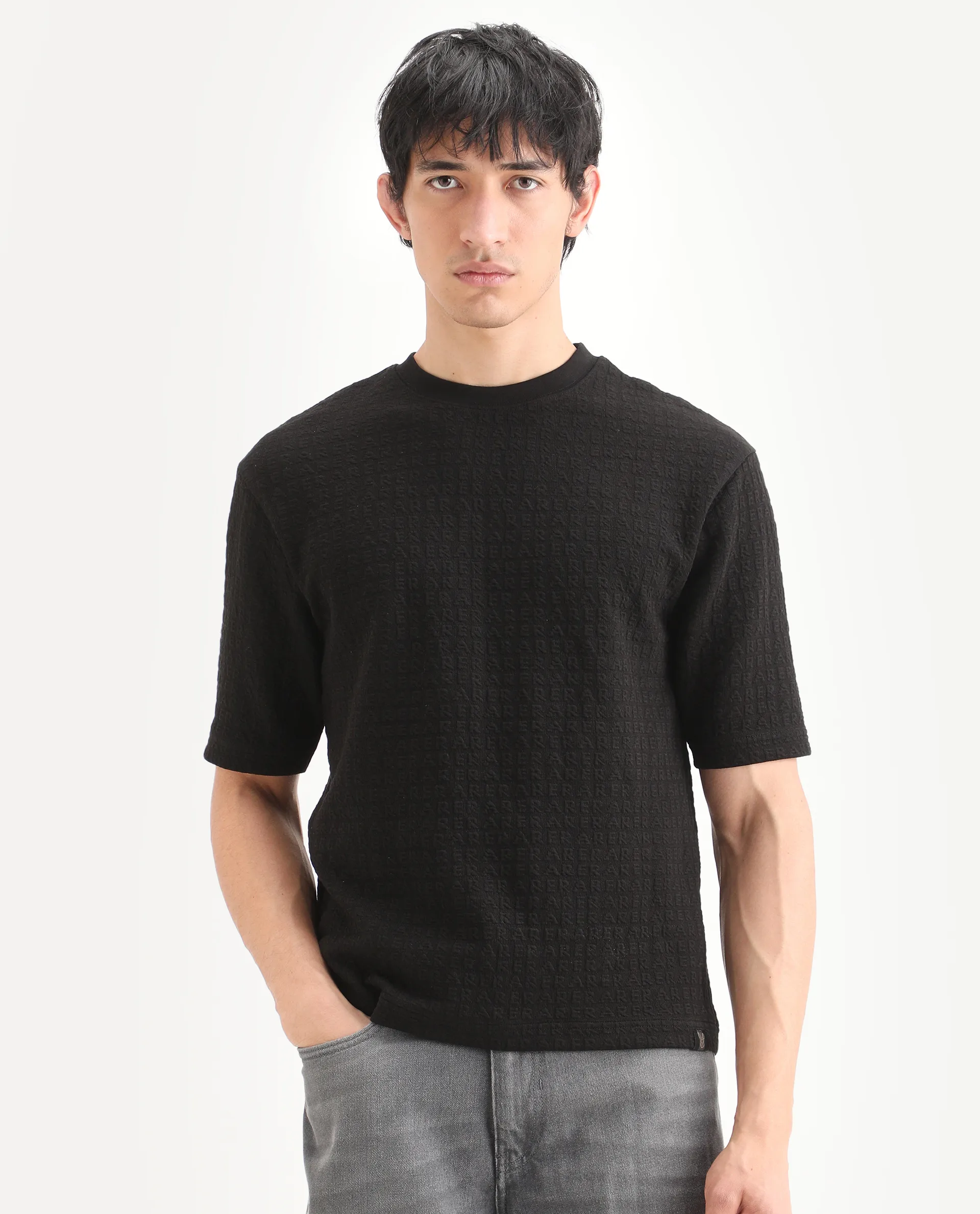 Rare Rabbit Men's Jas-2 Black Cotton Fabric Half Sleeve Crew Neck Oversized Jacquard T-Shirt - Image 4
