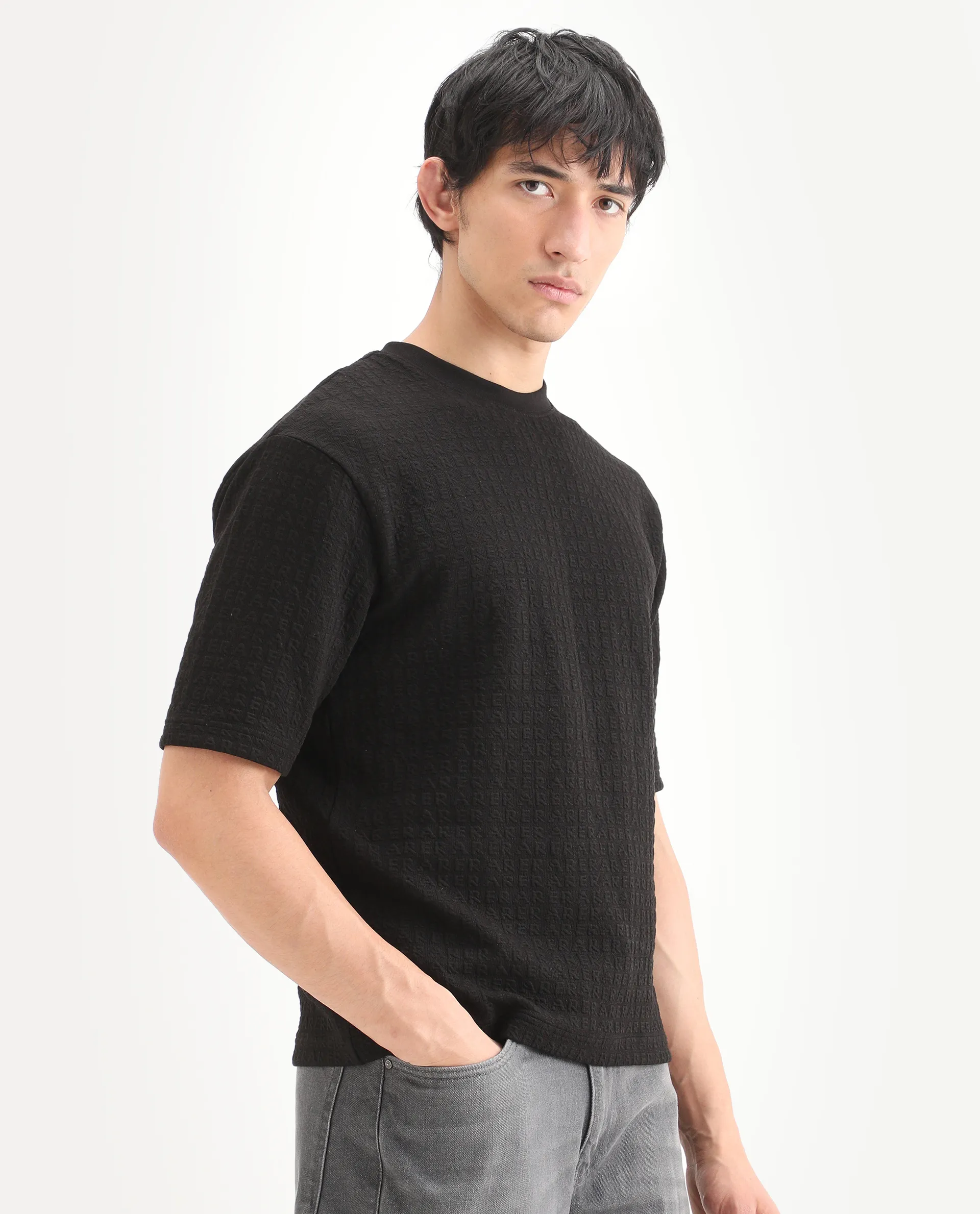 Rare Rabbit Men's Jas-2 Black Cotton Fabric Half Sleeve Crew Neck Oversized Jacquard T-Shirt - Image 5