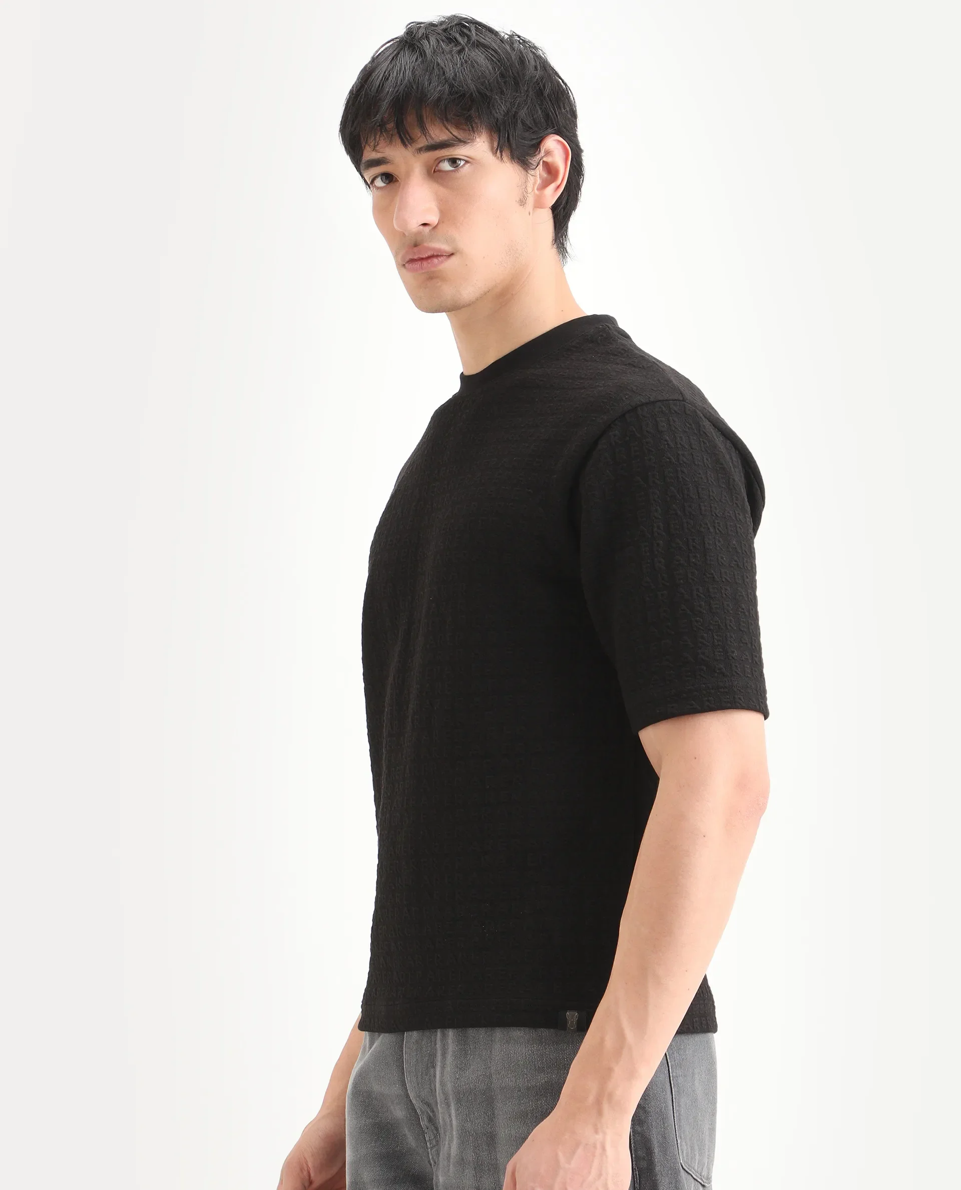 Rare Rabbit Men's Jas-2 Black Cotton Fabric Half Sleeve Crew Neck Oversized Jacquard T-Shirt - Image 6