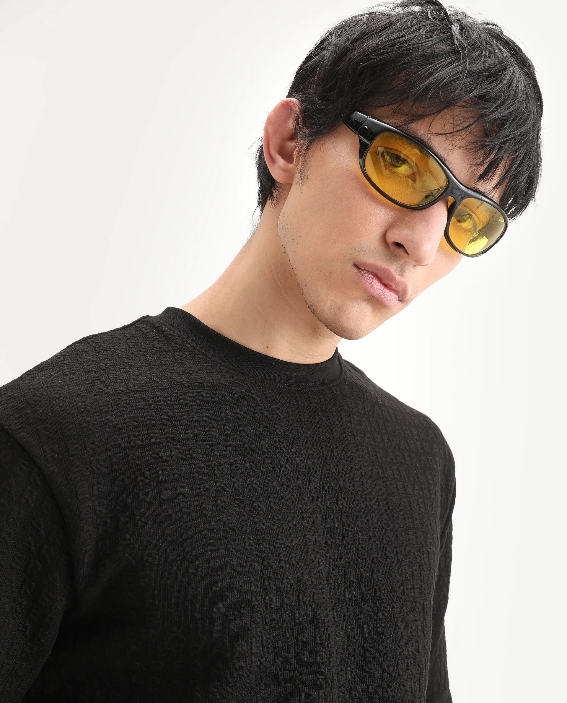 Rare Rabbit Men's Jas-2 Black Cotton Fabric Half Sleeve Crew Neck Oversized Jacquard T-Shirt - Image 7
