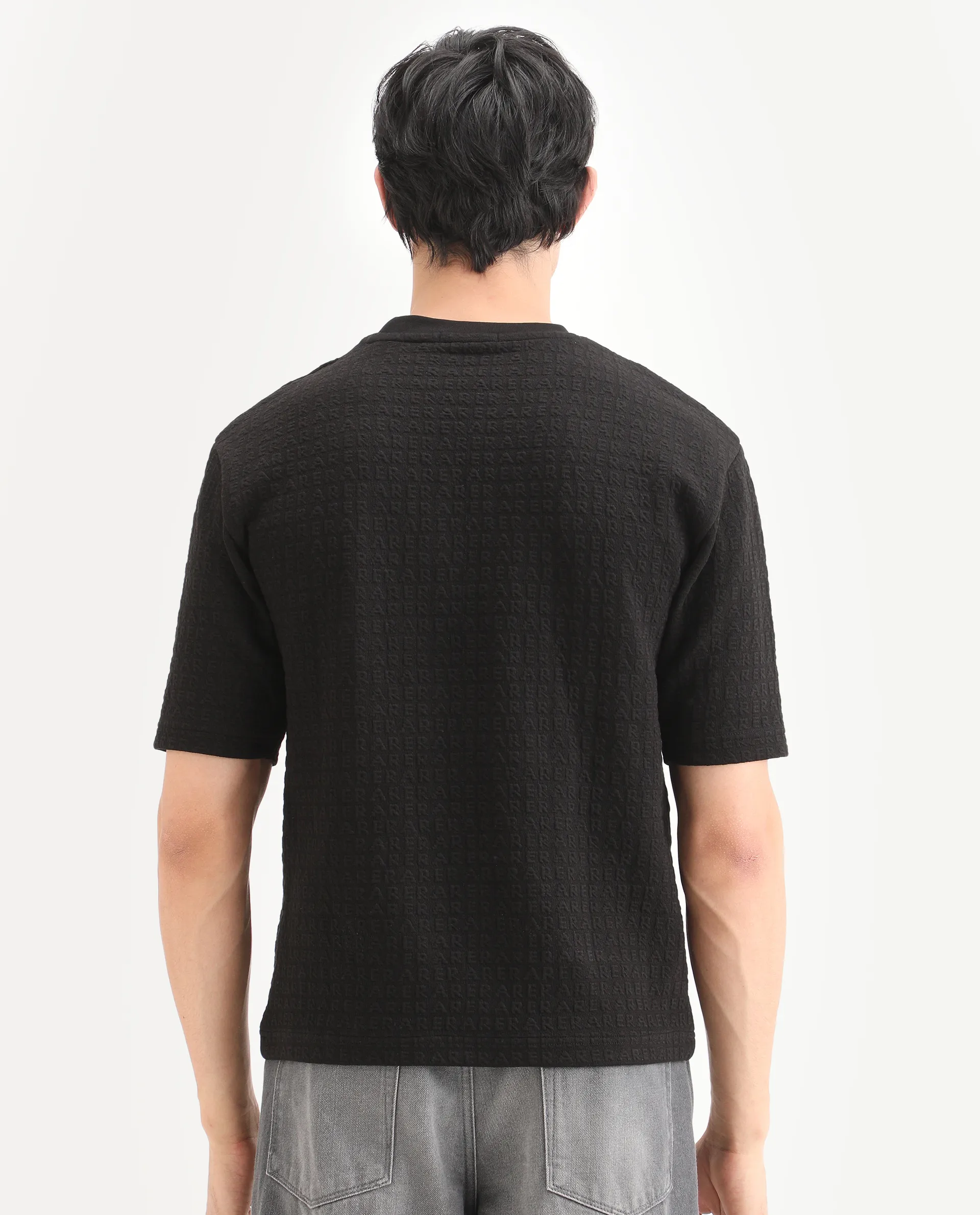 Rare Rabbit Men's Jas-2 Black Cotton Fabric Half Sleeve Crew Neck Oversized Jacquard T-Shirt - Image 8