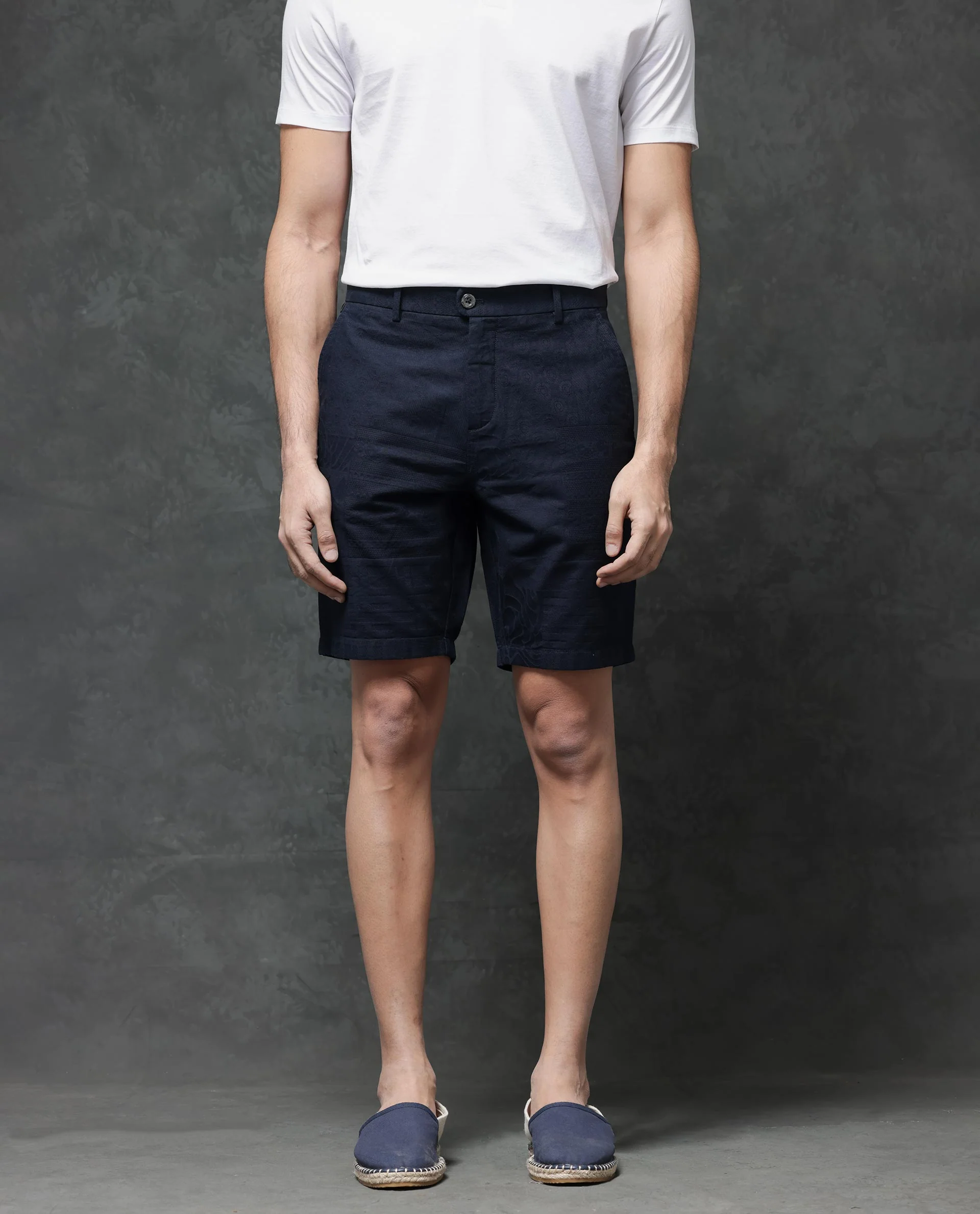 Rare Rabbit Men's Jecky Navy Cotton Jacquard Relaxed Fit Shorts
