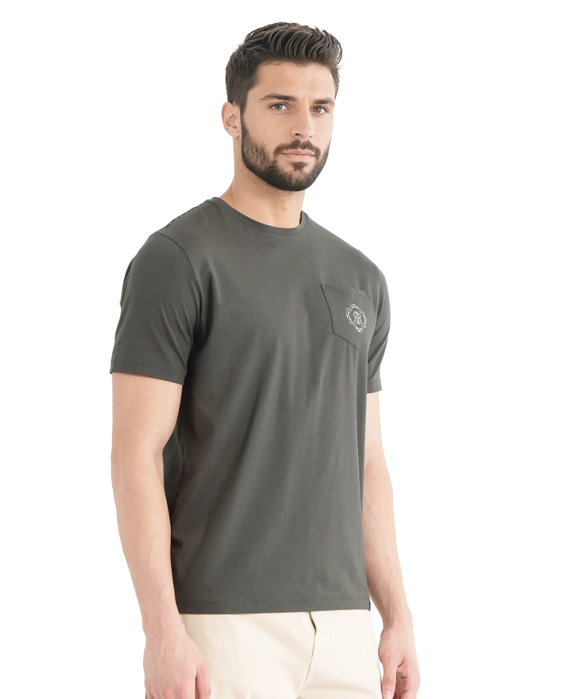 Rare Rabbit Men's Jeko Dark Green Cotton Embroidered Regular Fit Half Sleeve Crew Neck T-Shirt - Image 8