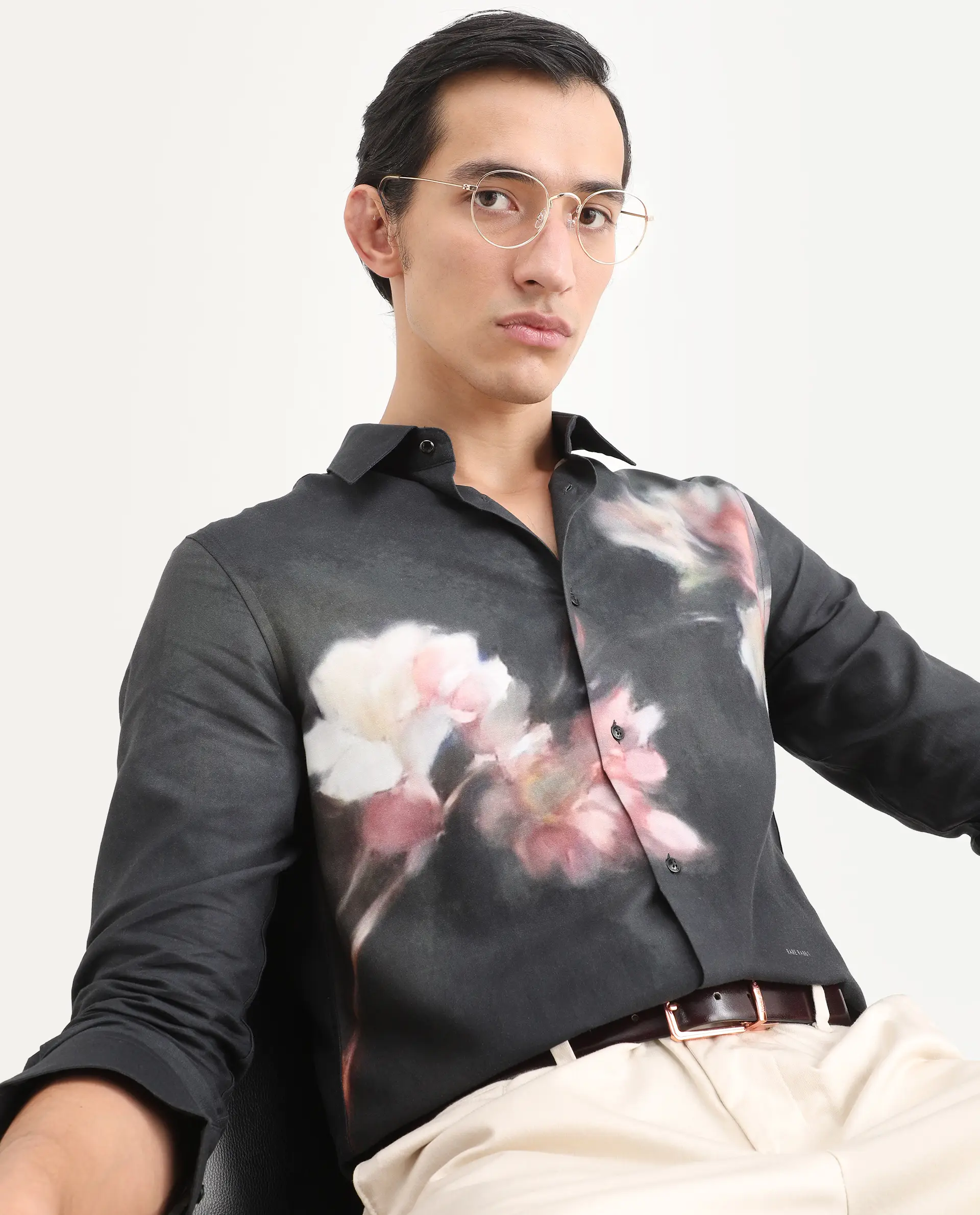Rare Rabbit Men's Jelks Black Cotton Fabric Full Sleeve Spread Collar Regular Fit Floral Print Shirt