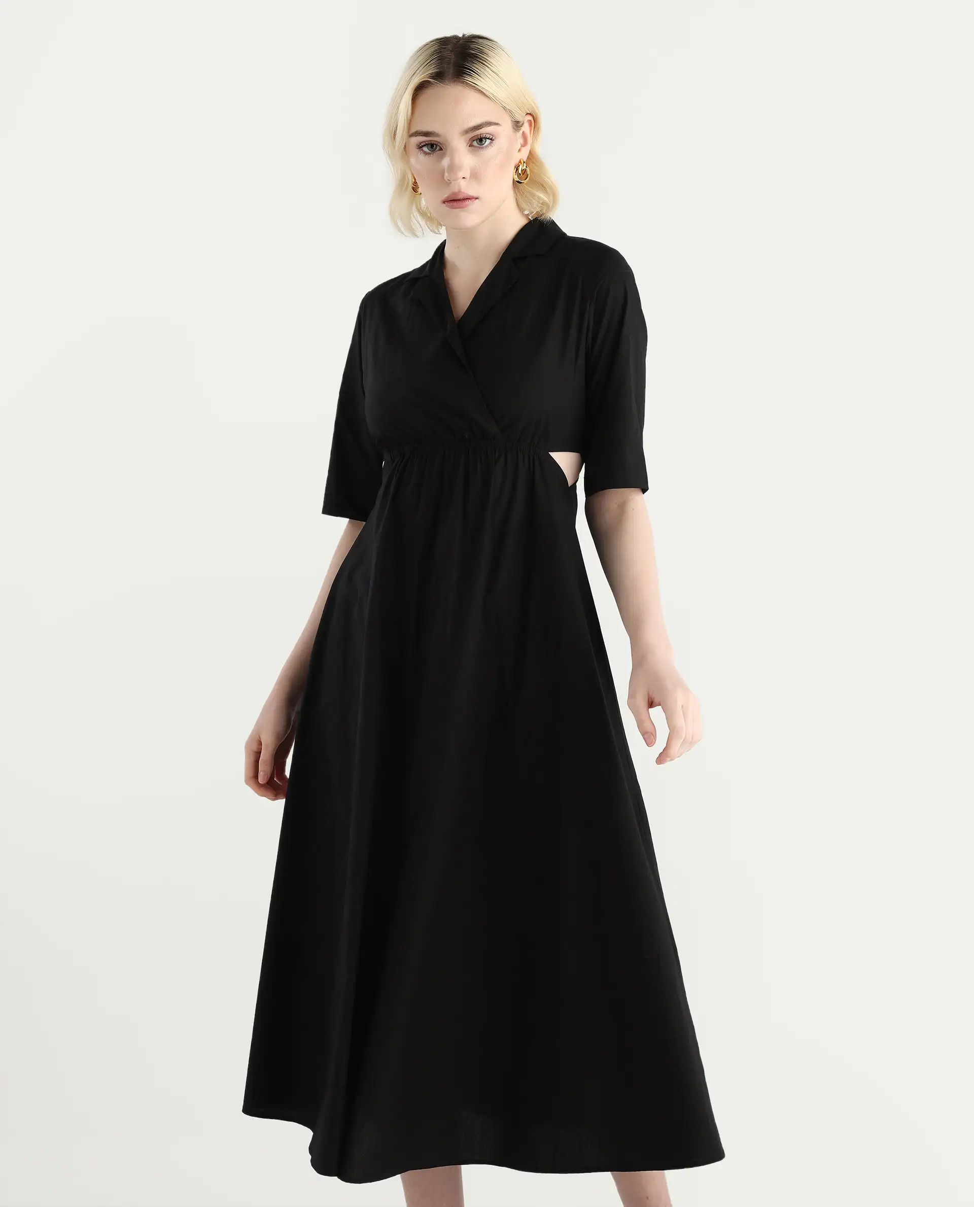 Rareism Women's Jenbo Black Cotton Lapel Neck A-Line Plain Dress