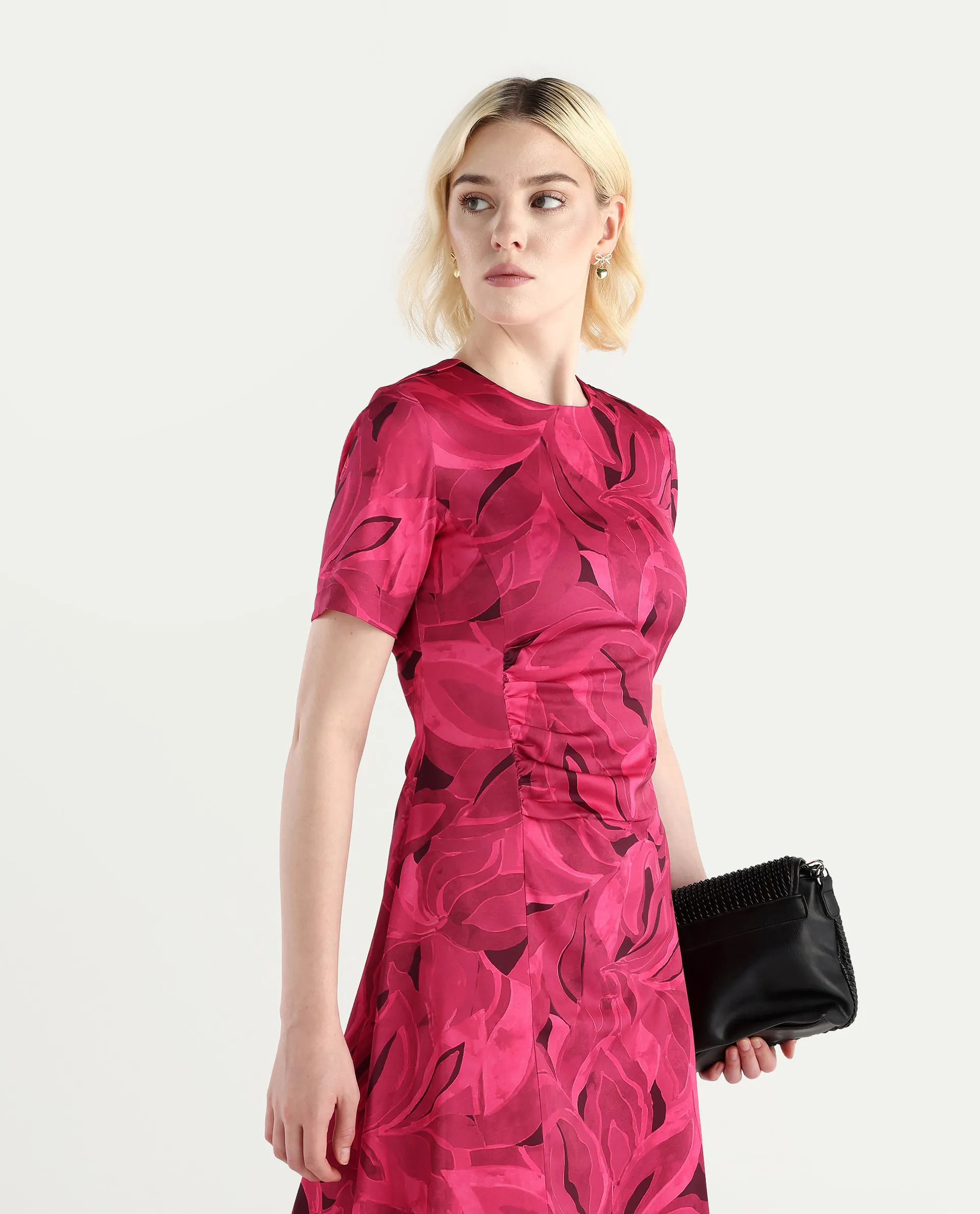 Rareism Women's Jendrop Dark Pink Cotton Fabric High Neck Straight Fit Midi Dress - Image 3