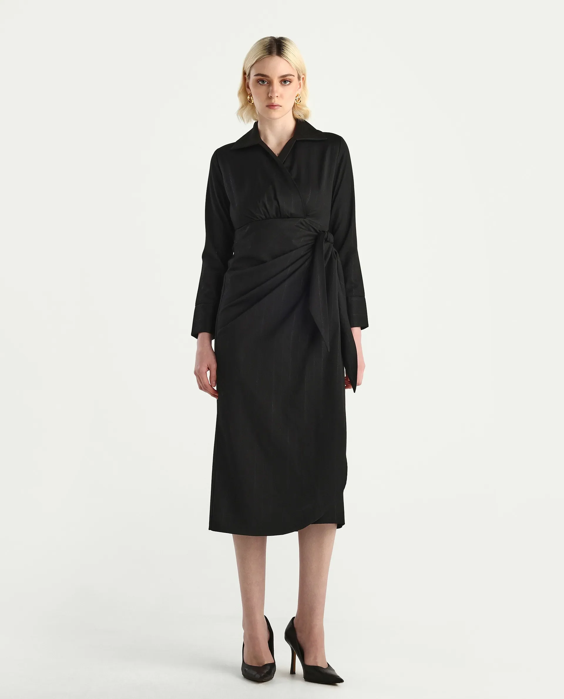 Rareism Women's Jenlin Black Poly Viscose Cuffed Sleeve Jonny Collar Straight Fit Plain Midi Dress - Image 2