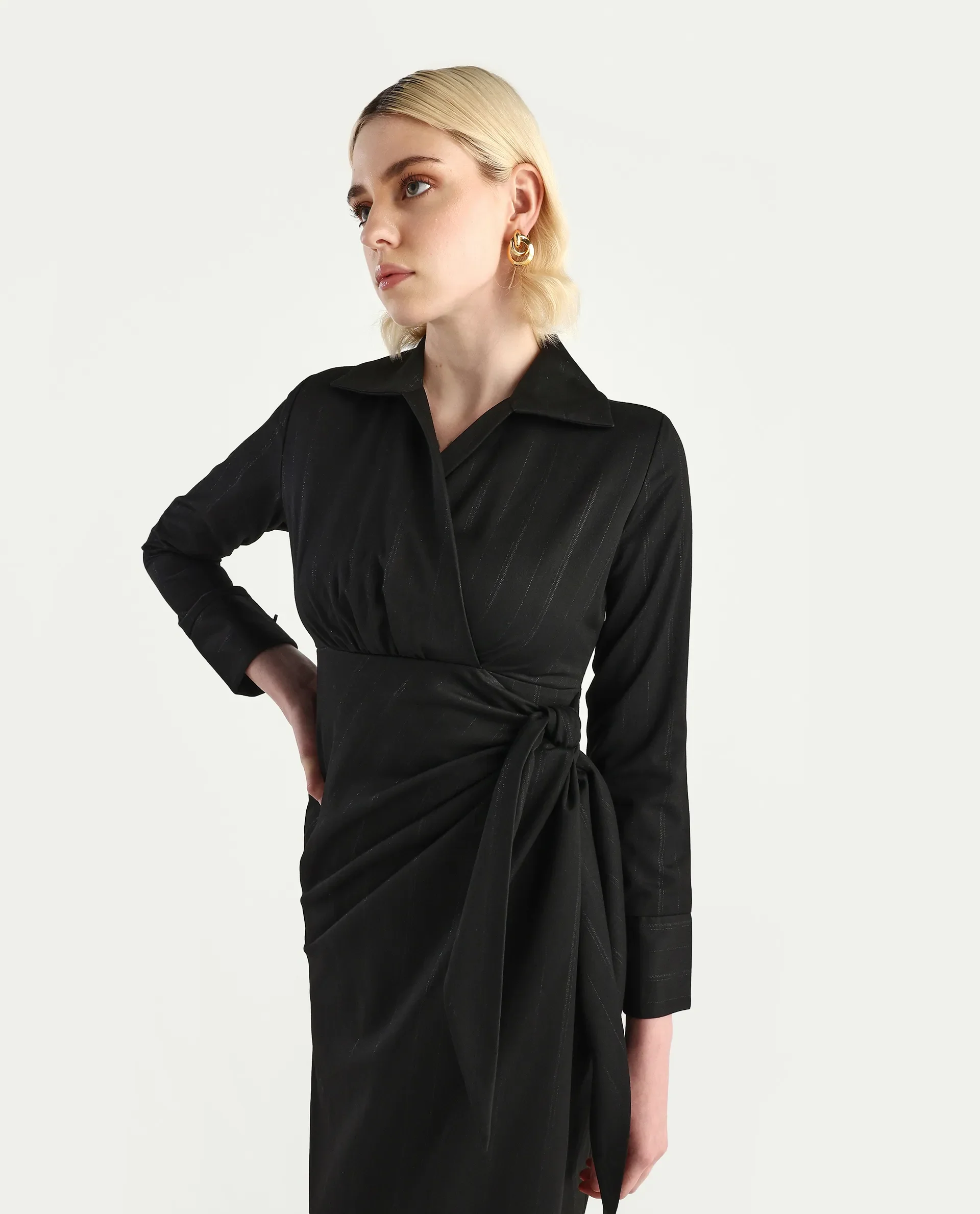 Rareism Women's Jenlin Black Poly Viscose Cuffed Sleeve Jonny Collar Straight Fit Plain Midi Dress - Image 3