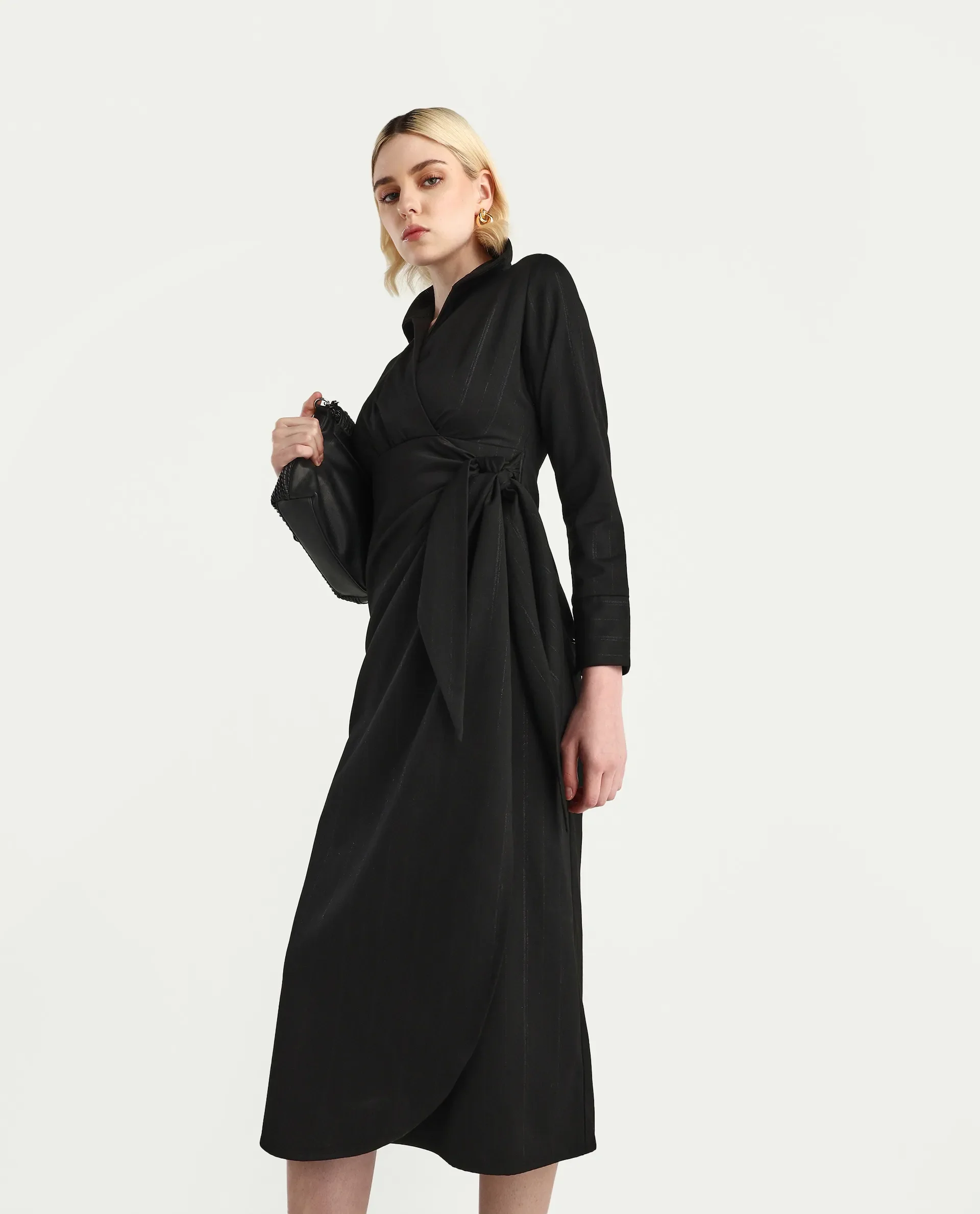 Rareism Women's Jenlin Black Poly Viscose Cuffed Sleeve Jonny Collar Straight Fit Plain Midi Dress - Image 4