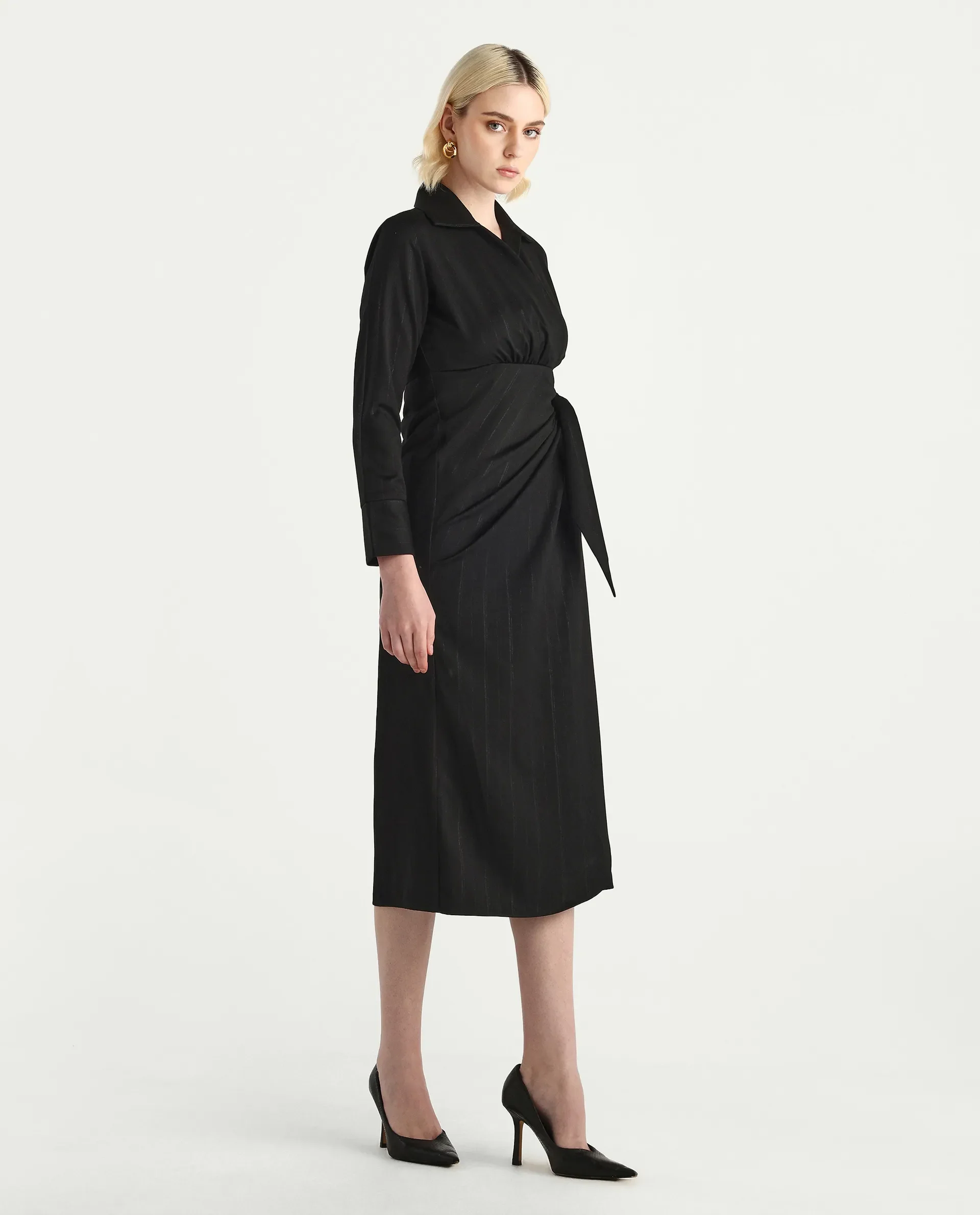 Rareism Women's Jenlin Black Poly Viscose Cuffed Sleeve Jonny Collar Straight Fit Plain Midi Dress - Image 5