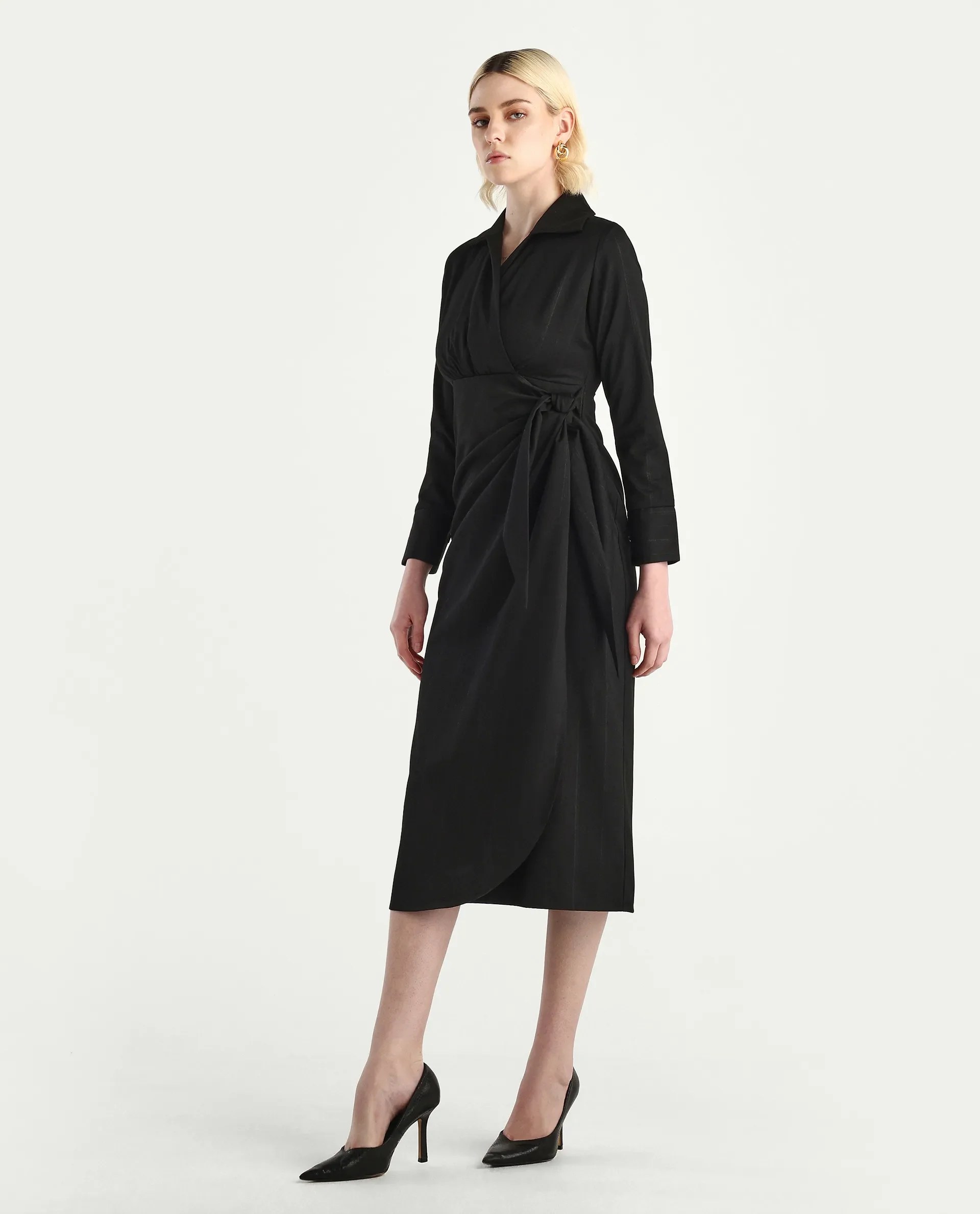Rareism Women's Jenlin Black Poly Viscose Cuffed Sleeve Jonny Collar Straight Fit Plain Midi Dress - Image 6